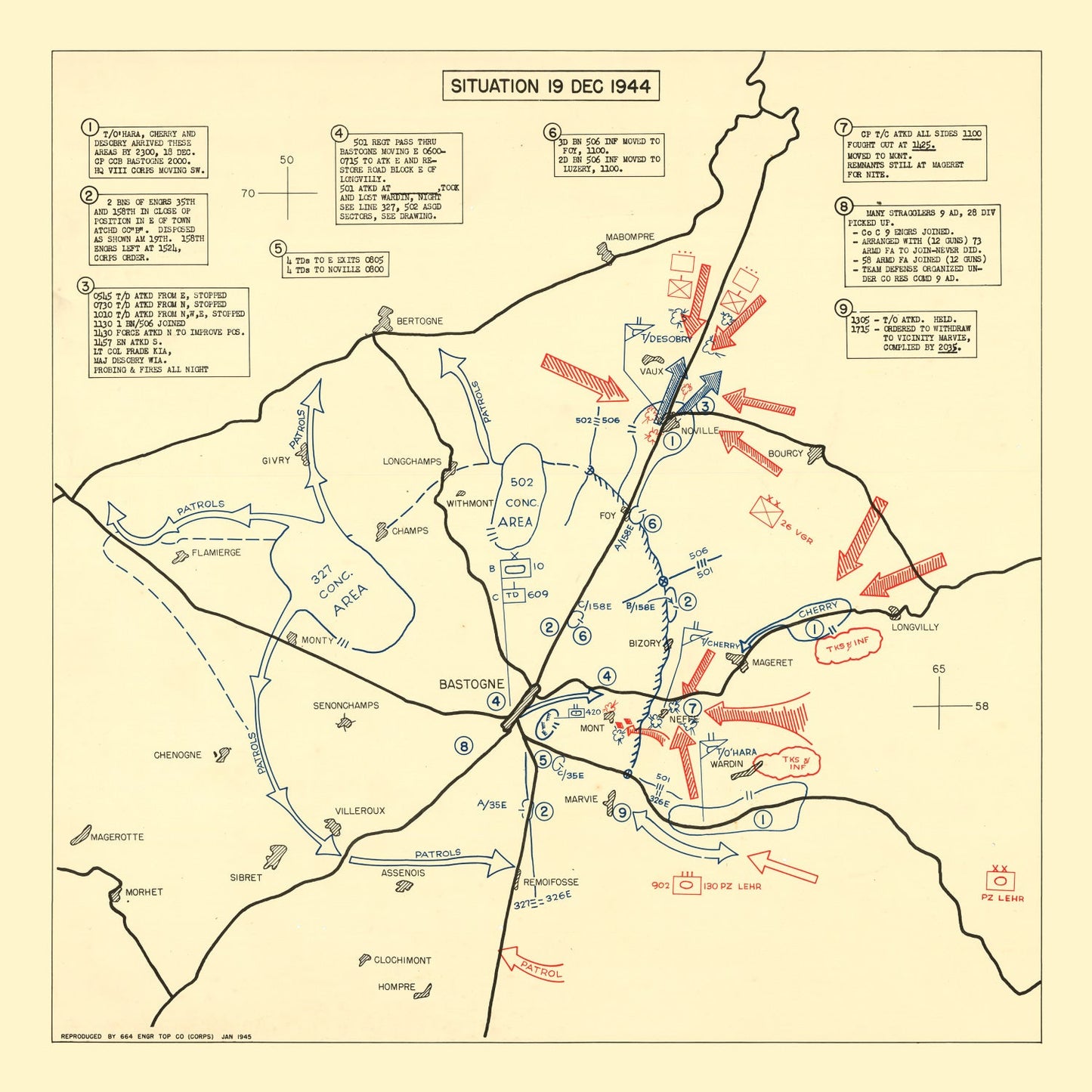 Vintage Map of the Battle of Bastogne, 1944