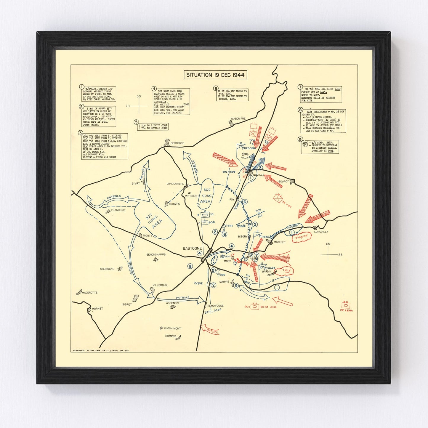 Vintage map of the Battle of Bastogne, 1944 - WWII Ardennes siege military map