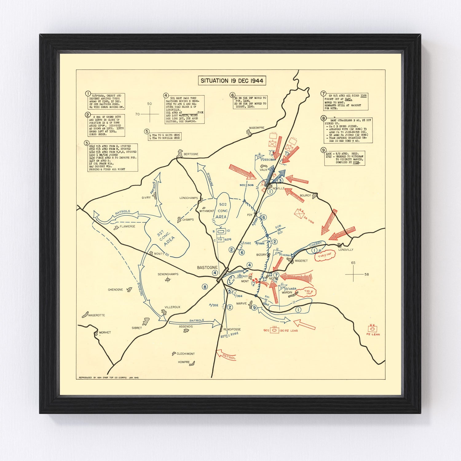 Vintage map of the Battle of Bastogne, 1944 - WWII Ardennes siege military map