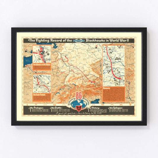 Vintage Blackhawks WWII fighting record map of Europe, 1946