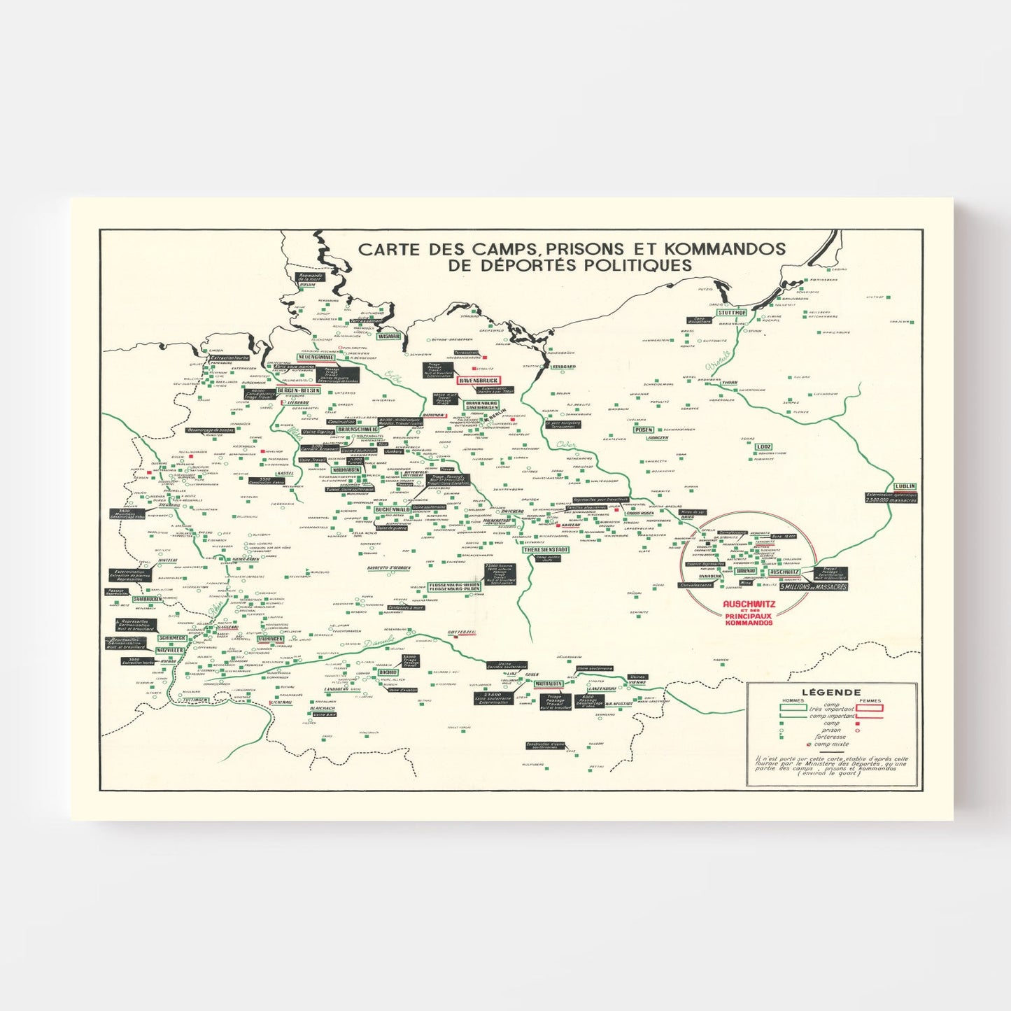Vintage German Concentration Camps WWII Map, 1946
