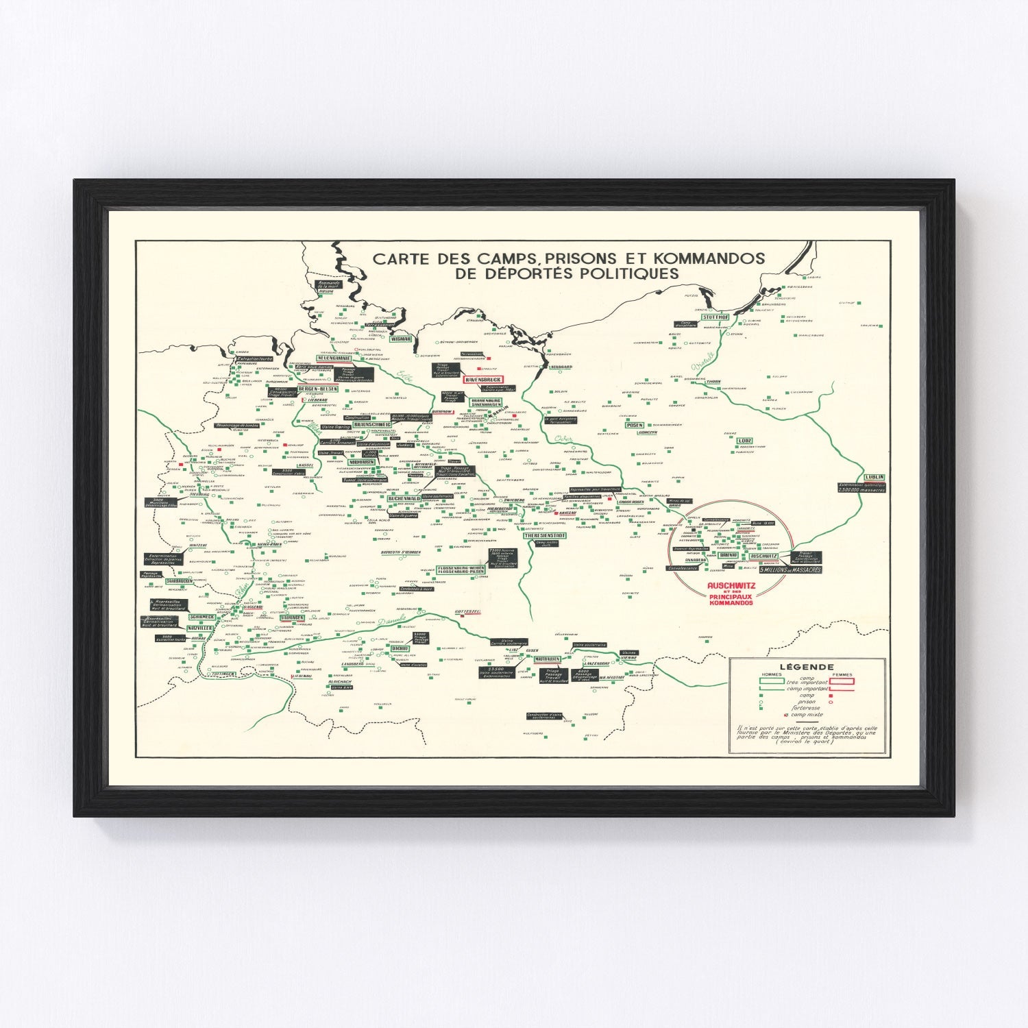 Vintage 1946 post-war map of Nazi concentration camps across Europe