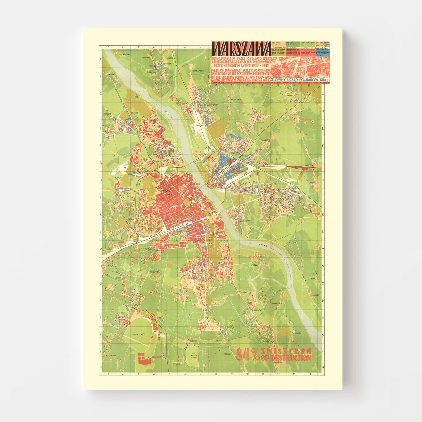 Vintage Map of Warsaw, Poland, 1949