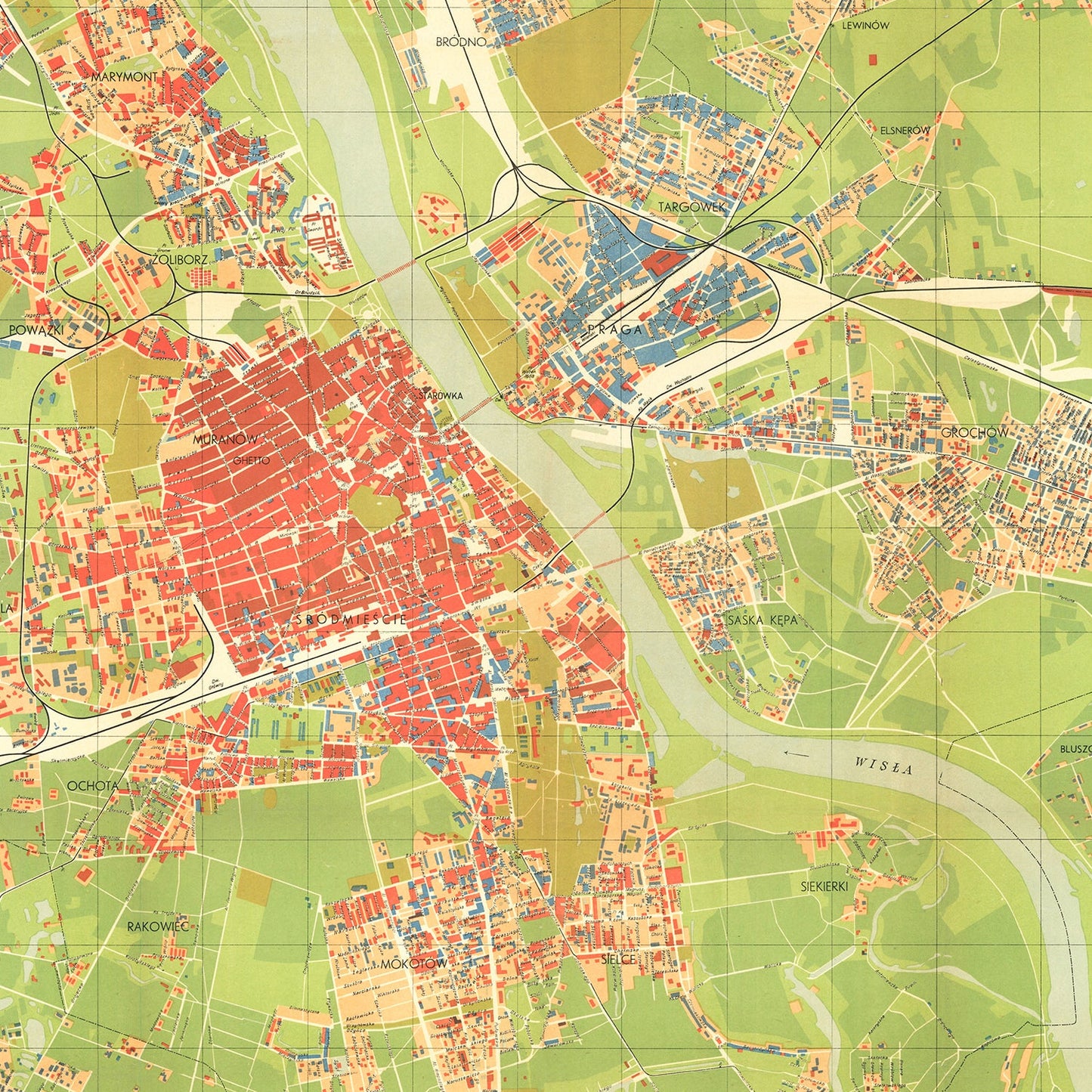 Vintage Map of Warsaw, Poland, 1949