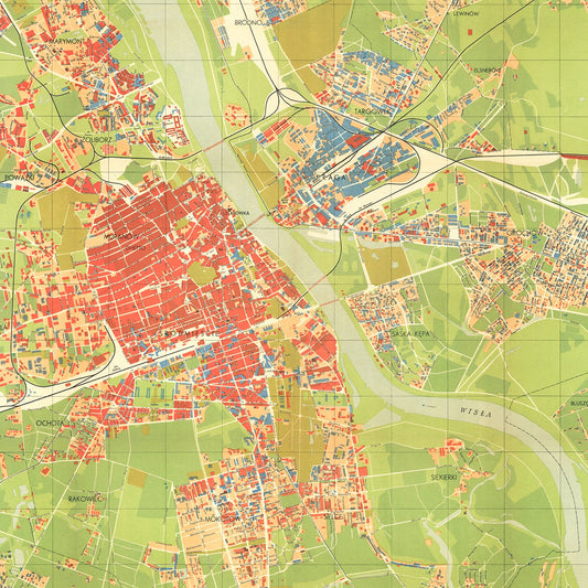 Vintage Map of Warsaw, Poland, 1949