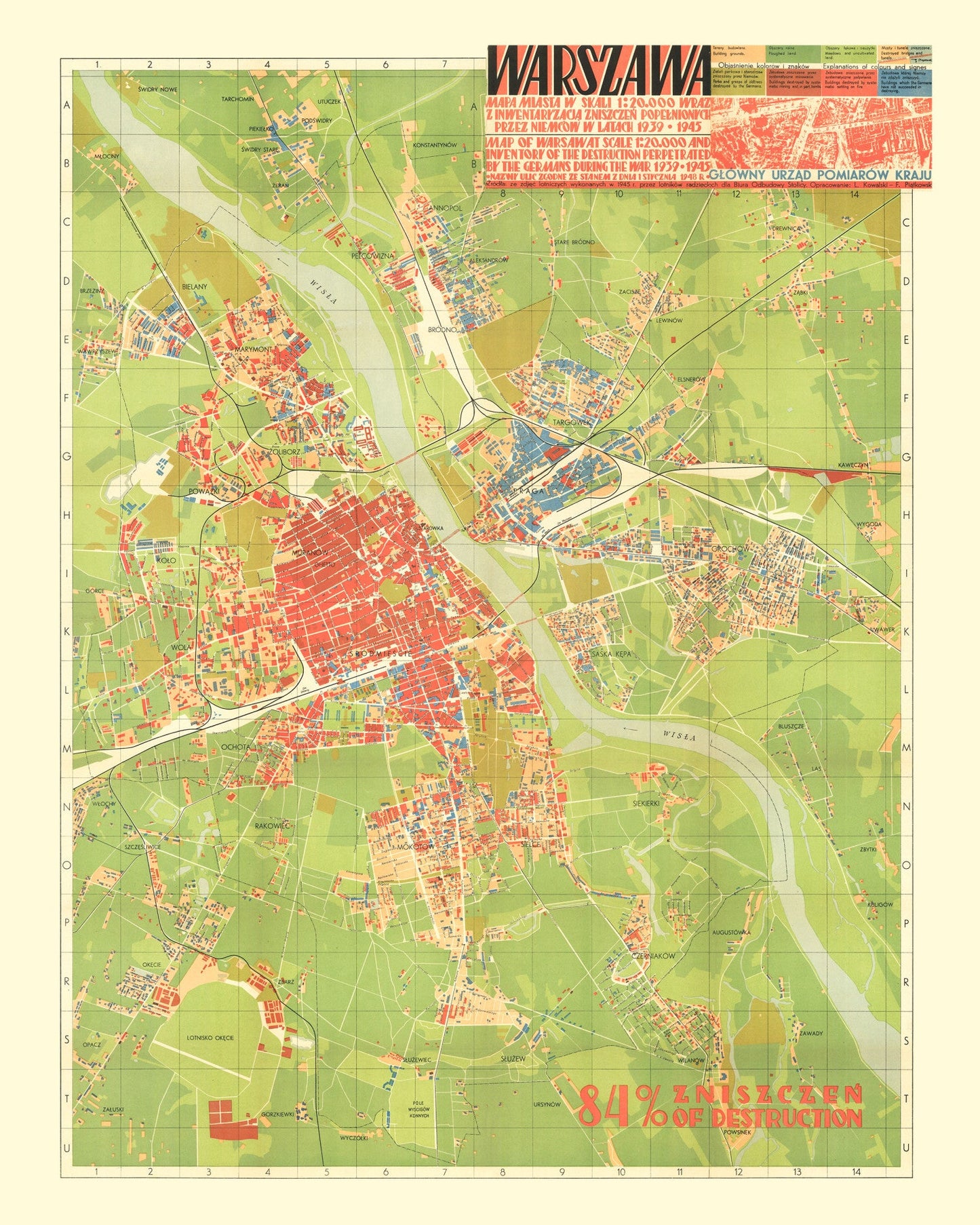 Vintage Map of Warsaw, Poland, 1949