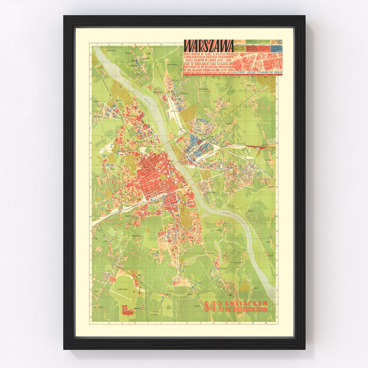 Vintage map of Warsaw, Poland, 1949