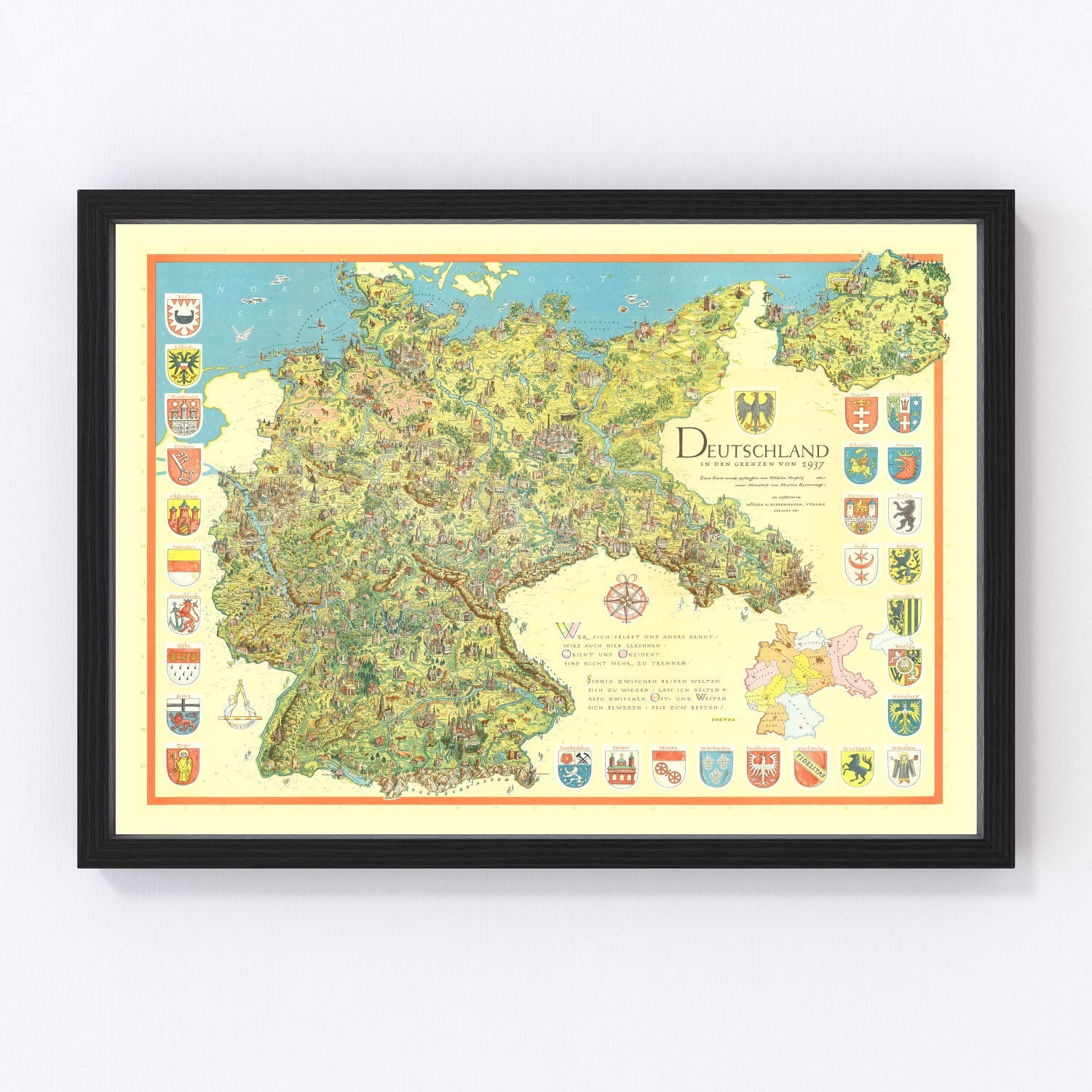 Vintage map of Germany within its 1937 borders, historical reference
