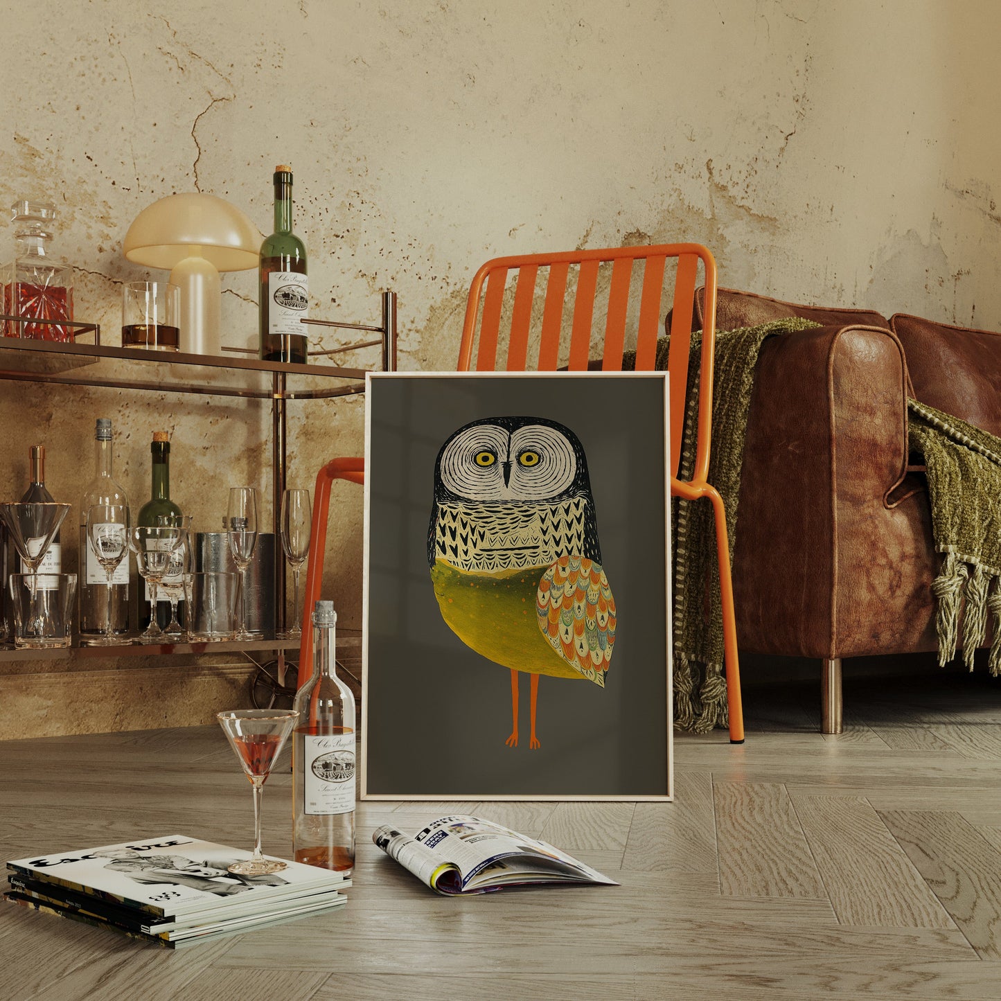 Stylized Owl Wall Art - Golden Feather Bird Print
