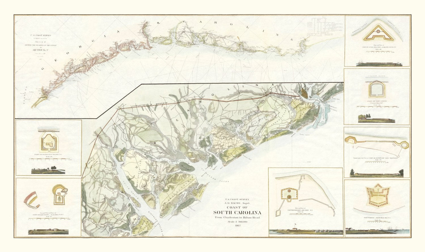 Vintage Map of the South Carolina Coast, 1862