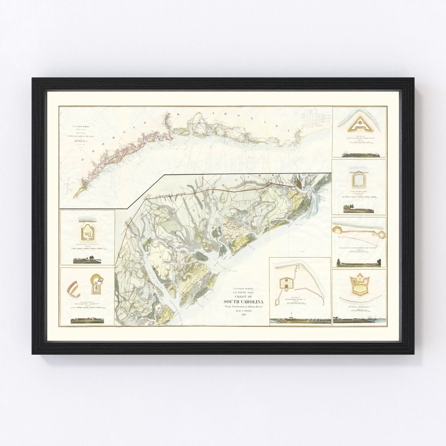 Vintage 1862 South Carolina coast map Civil War era, digitally restored print