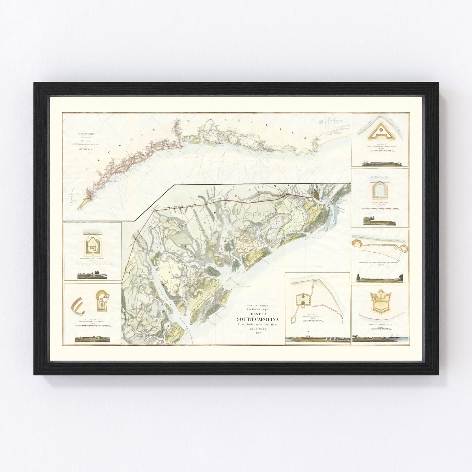 Vintage 1862 South Carolina coast map Civil War era, digitally restored print