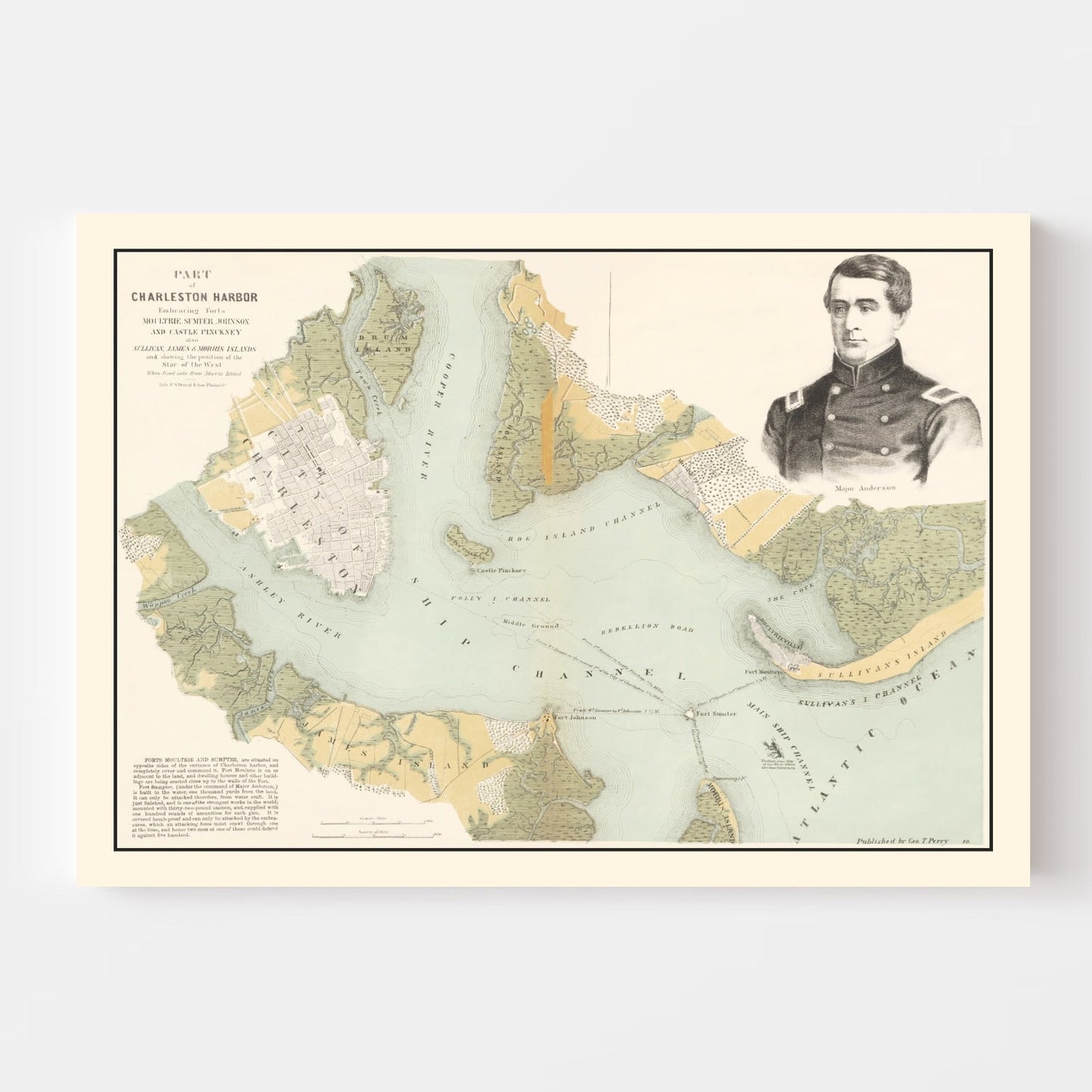 Vintage Charleston Harbor Map, South Carolina, 1861