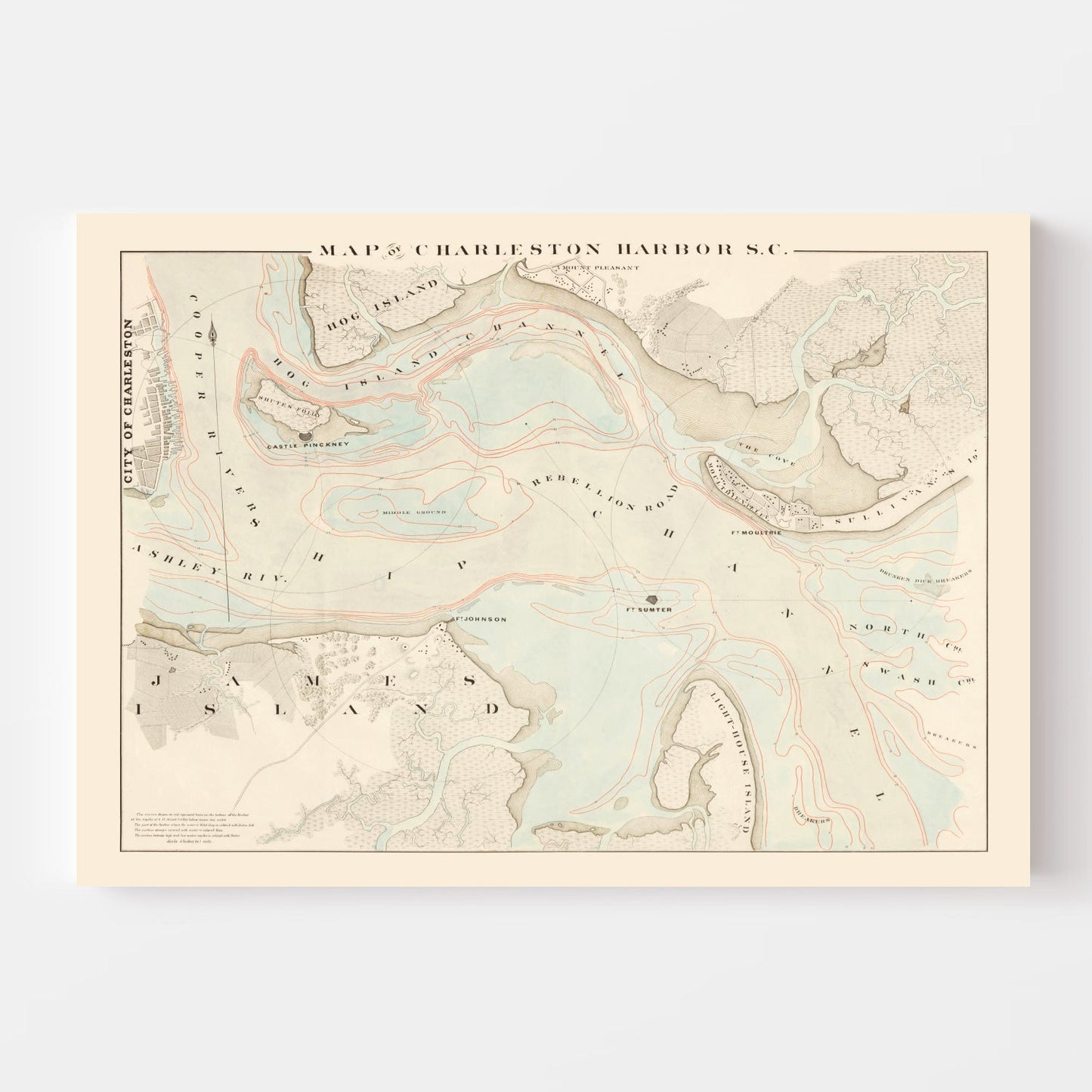 Vintage Charleston Harbor Map, South Carolina, 1861 Wall Art