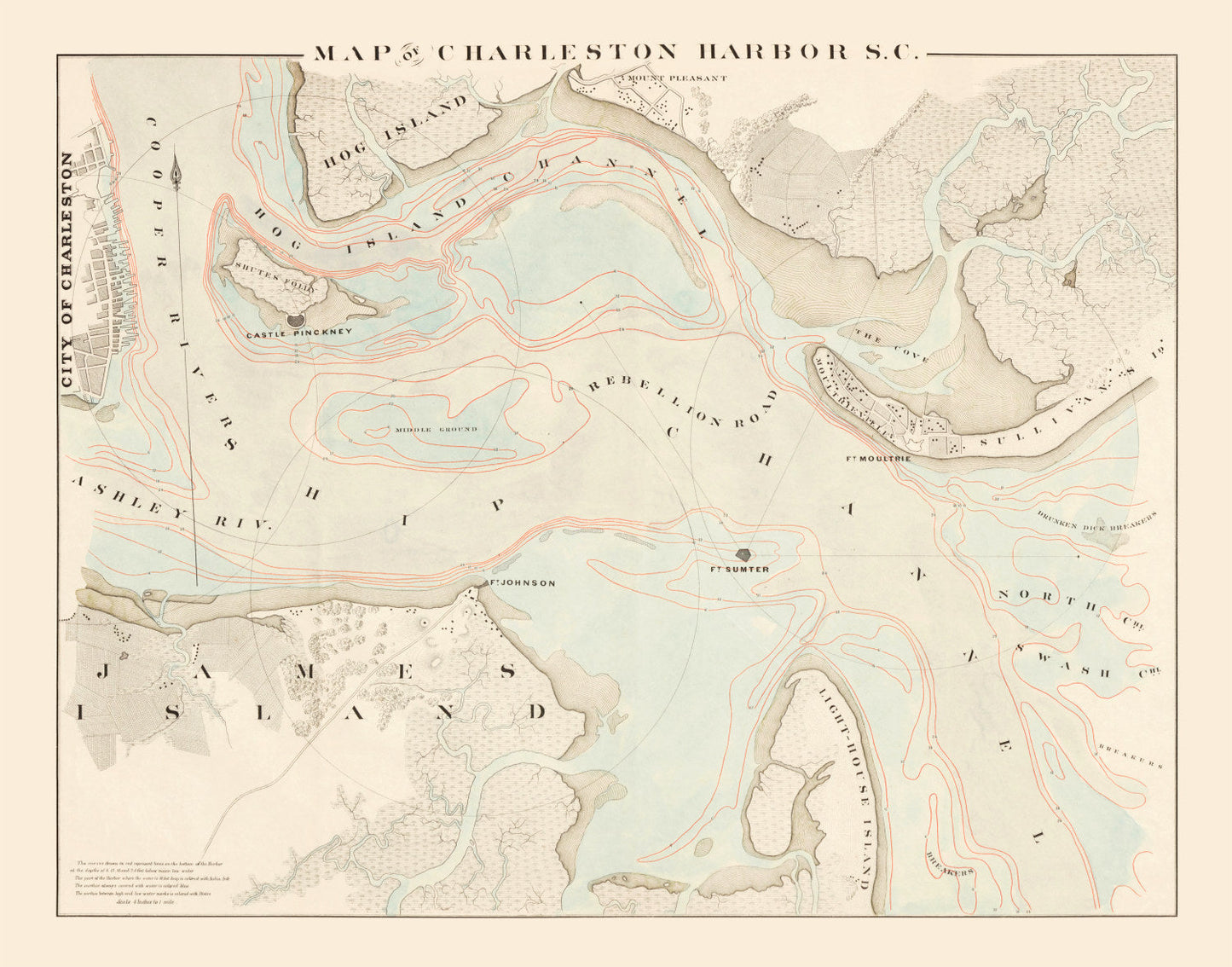 Vintage Charleston Harbor Map, South Carolina, 1861 Wall Art