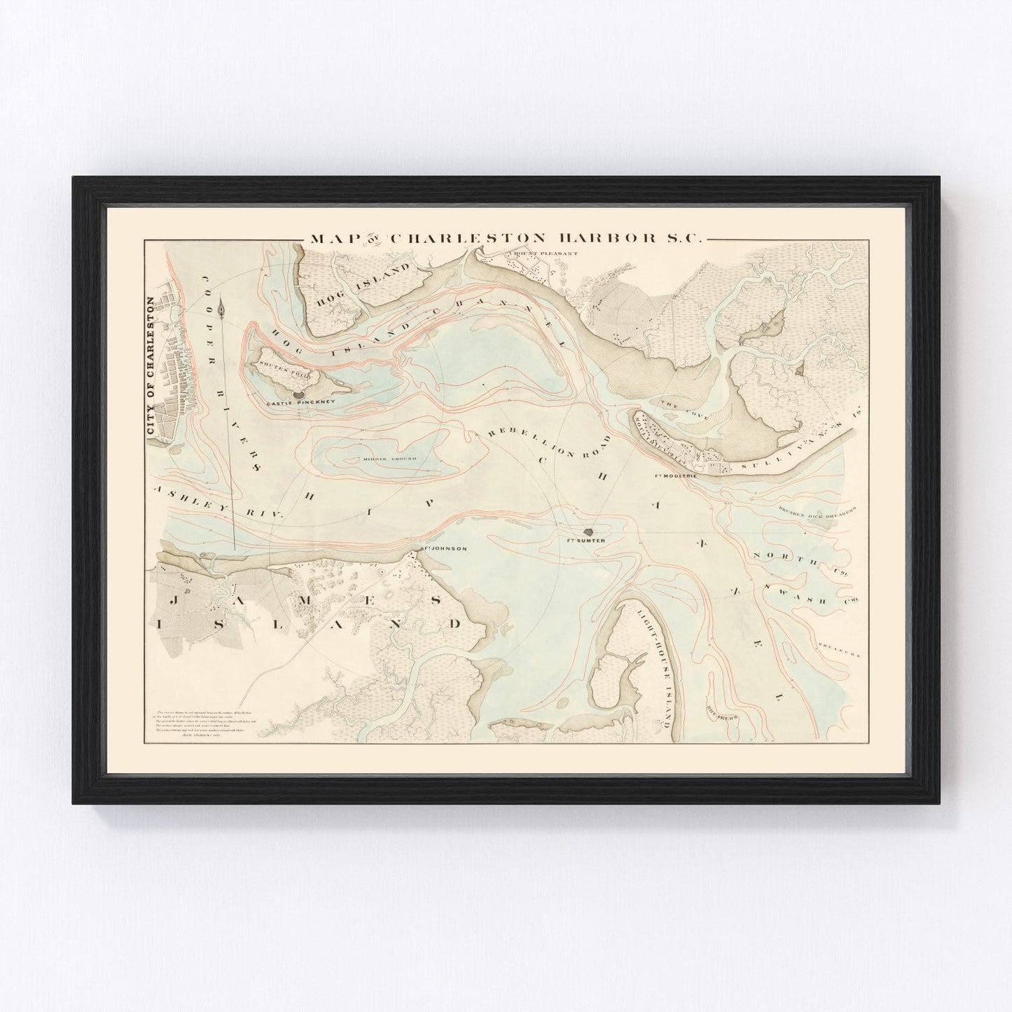 Restored vintage map of Charleston Harbor, South Carolina, 1861, harbor channels and fortifications