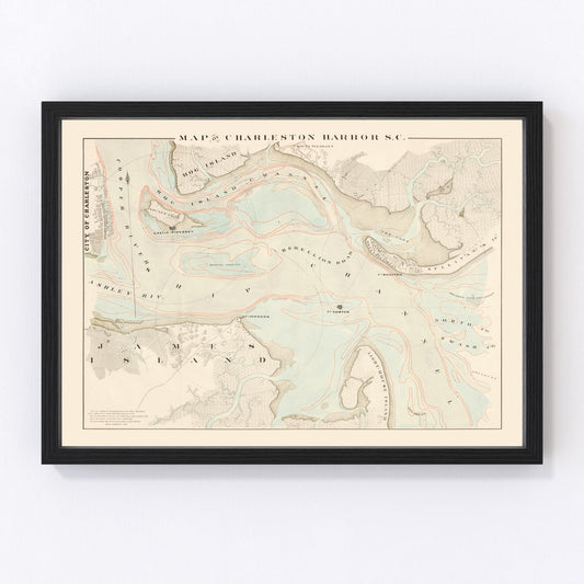 Restored vintage map of Charleston Harbor, South Carolina, 1861, harbor channels and fortifications