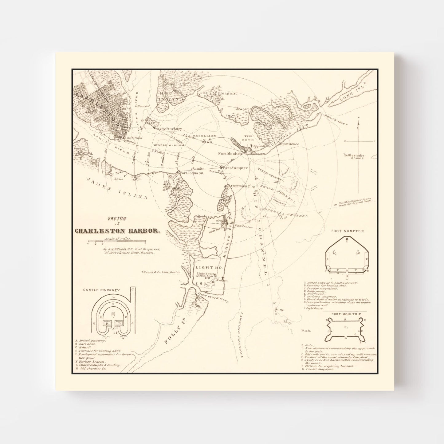 Vintage Charleston Harbor Map, South Carolina, 1865