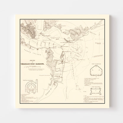 Vintage Charleston Harbor Map, South Carolina, 1865