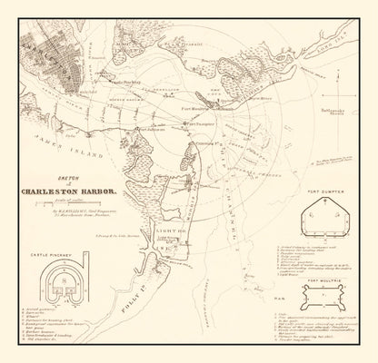Vintage Charleston Harbor Map, South Carolina, 1865