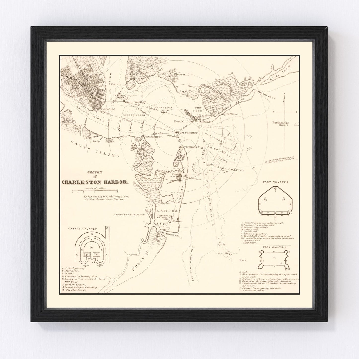 Restored vintage map of Charleston Harbor, South Carolina, 1865