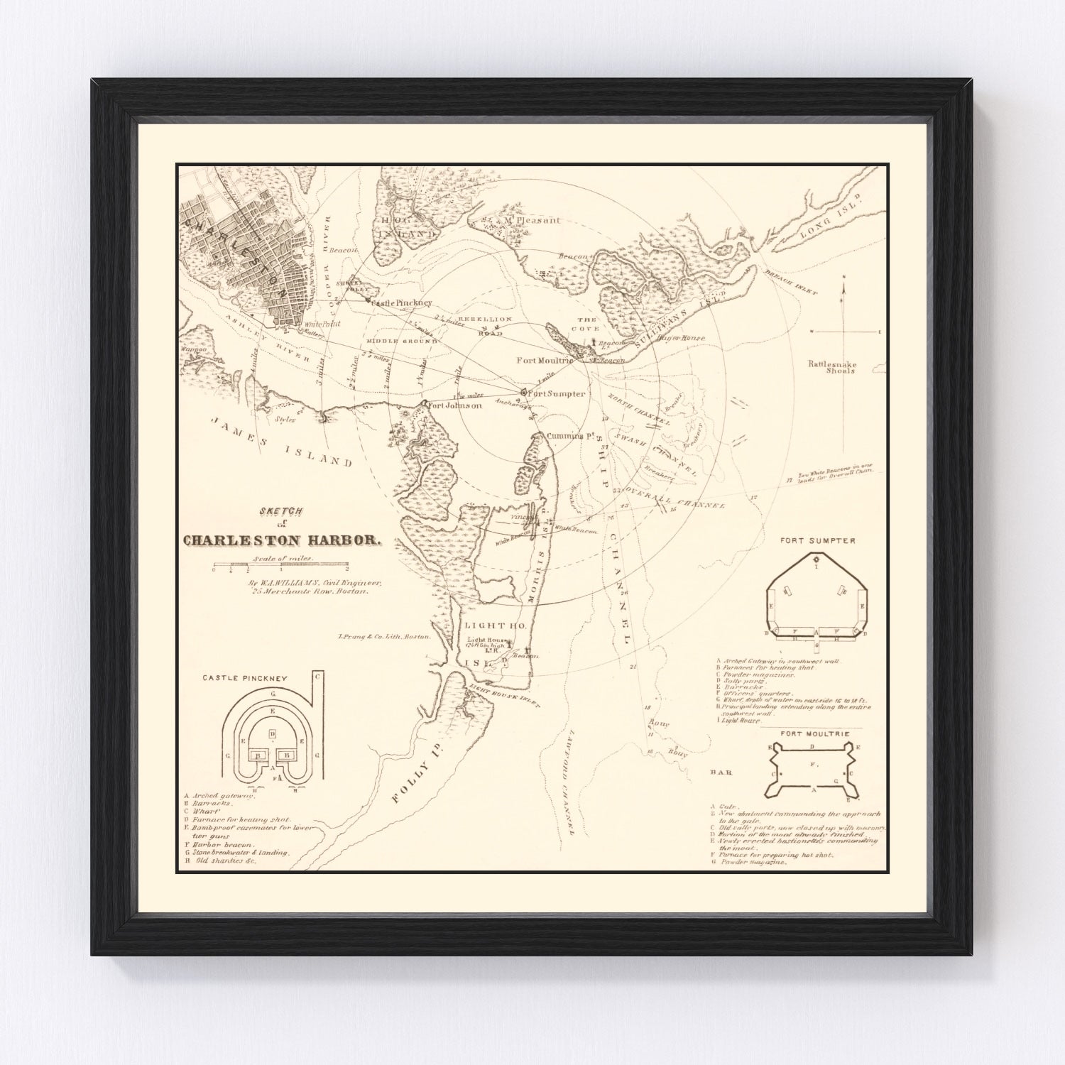 Restored vintage map of Charleston Harbor, South Carolina, 1865
