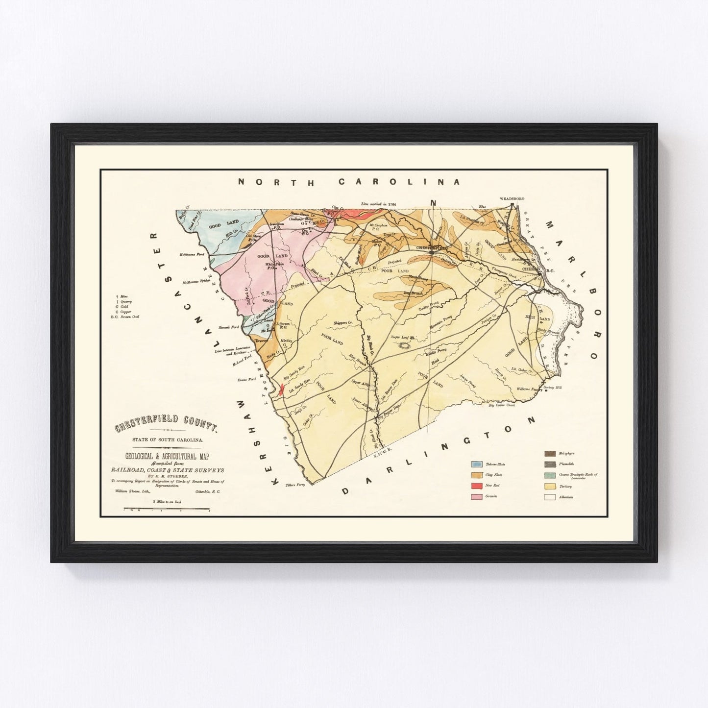 Vintage restored map of Chesterfield County, South Carolina, 1873, Reconstruction era
