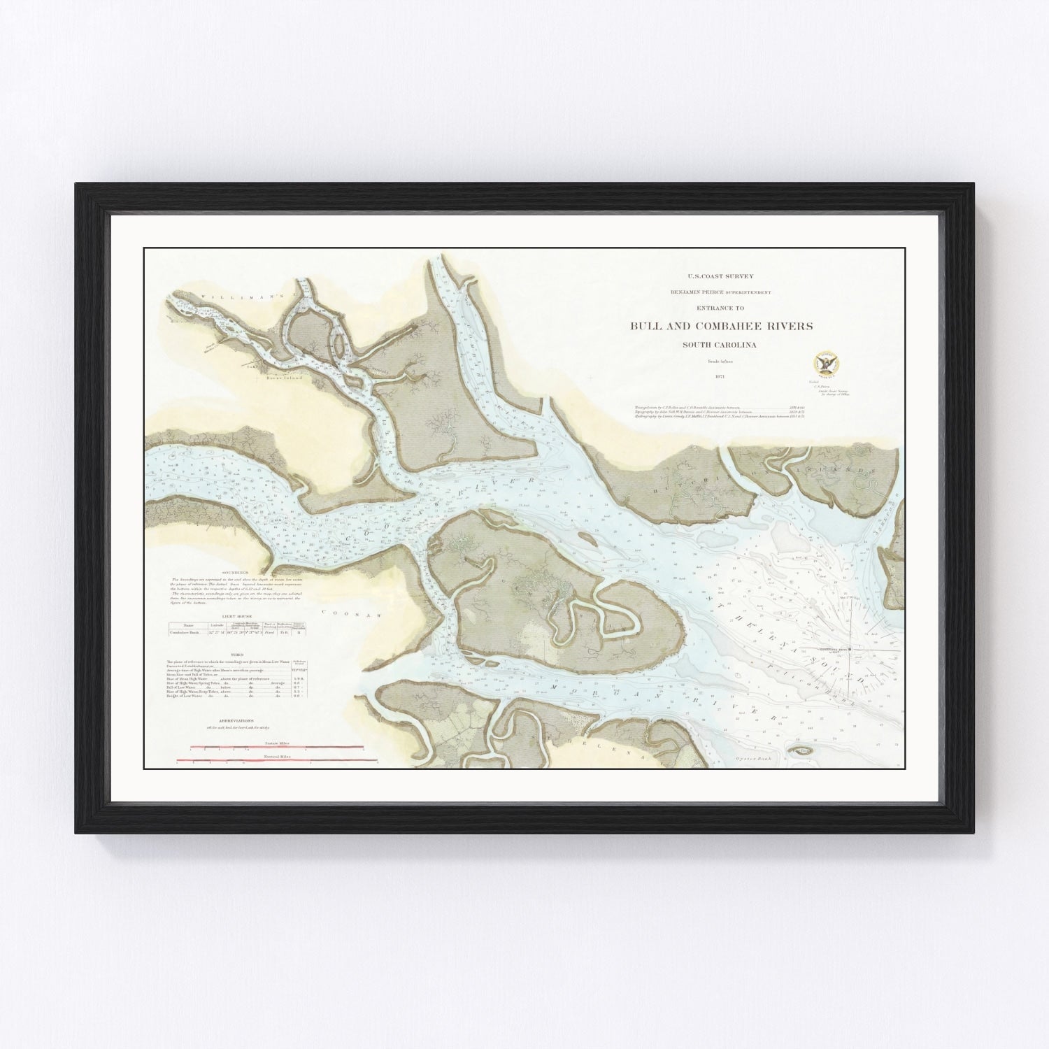 Vintage map of Bull and Combahee Rivers, South Carolina, 1871 - Lowcountry waterways