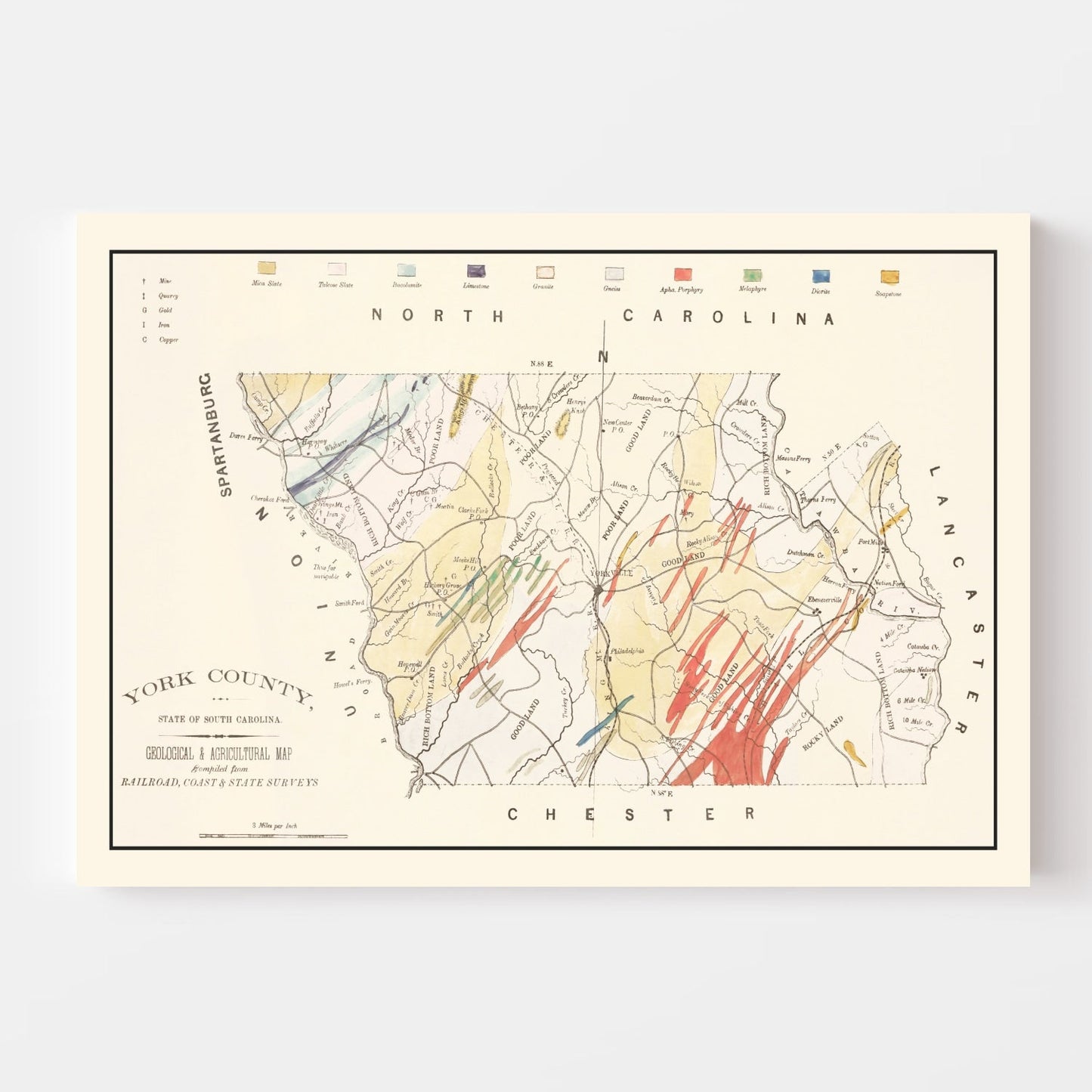 Vintage Map of York County, South Carolina, 1880