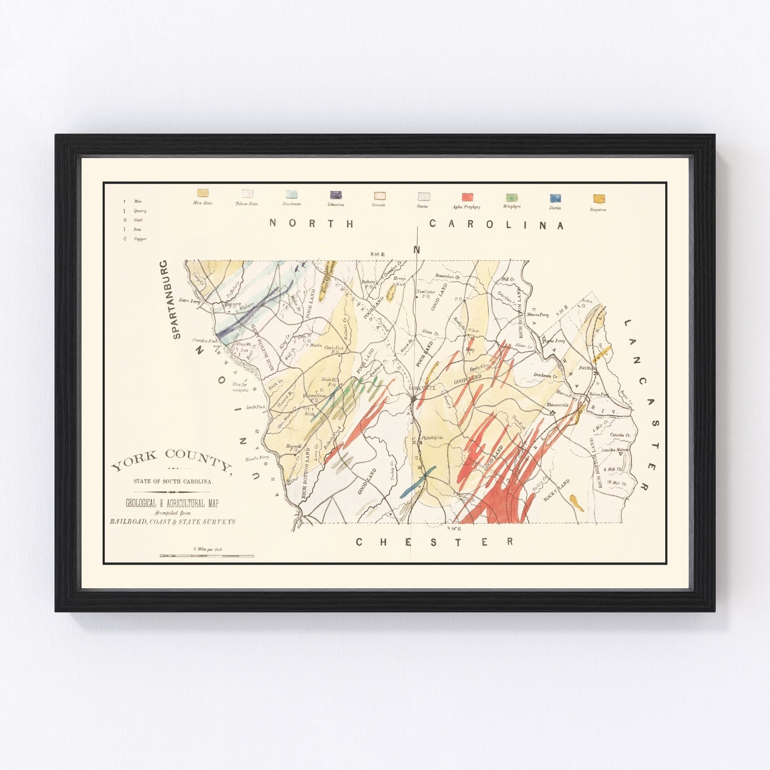 Vintage restored map of York County, South Carolina, 1880