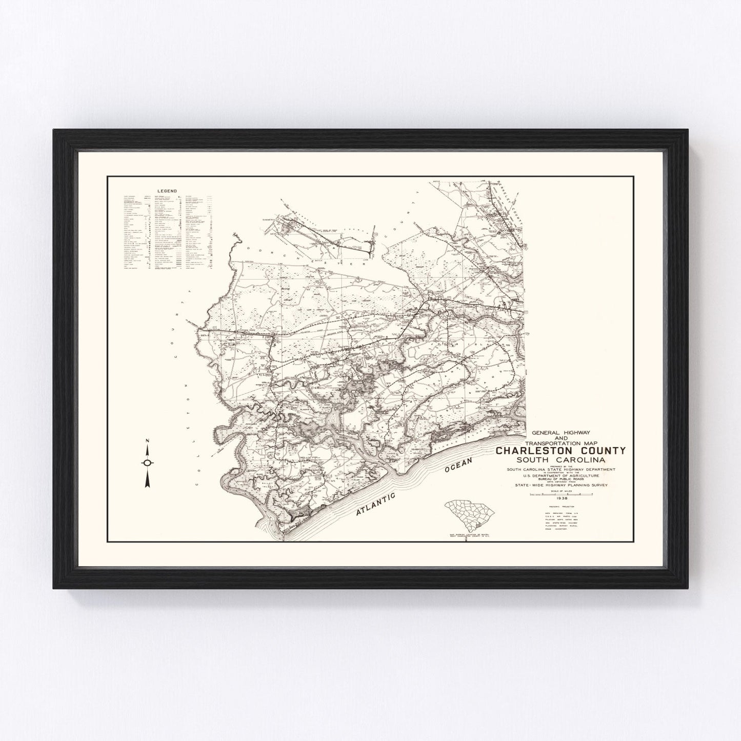 Vintage map of Charleston County, South Carolina, 1938, digitally restored antique cartographic print