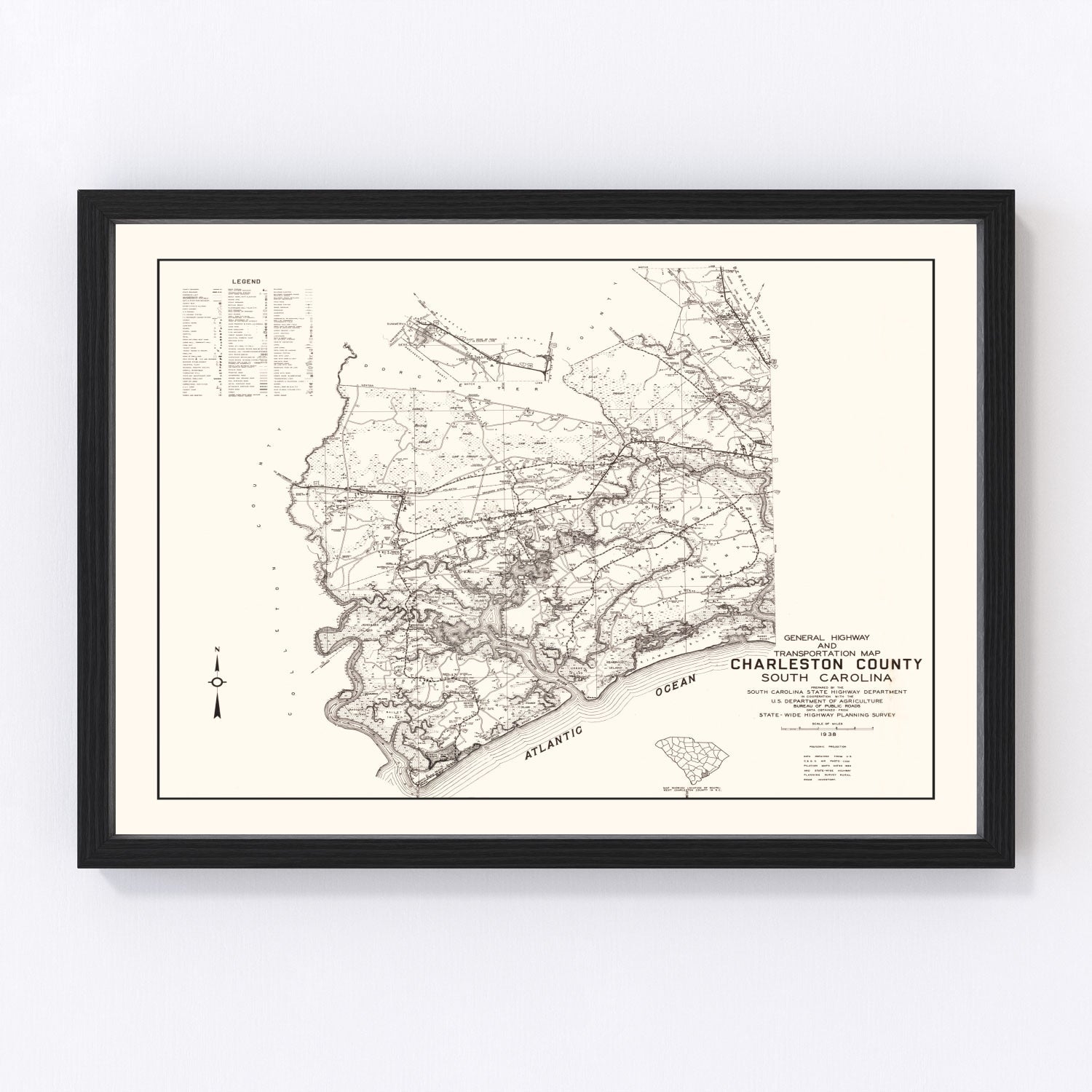 Vintage map of Charleston County, South Carolina, 1938, digitally restored antique cartographic print