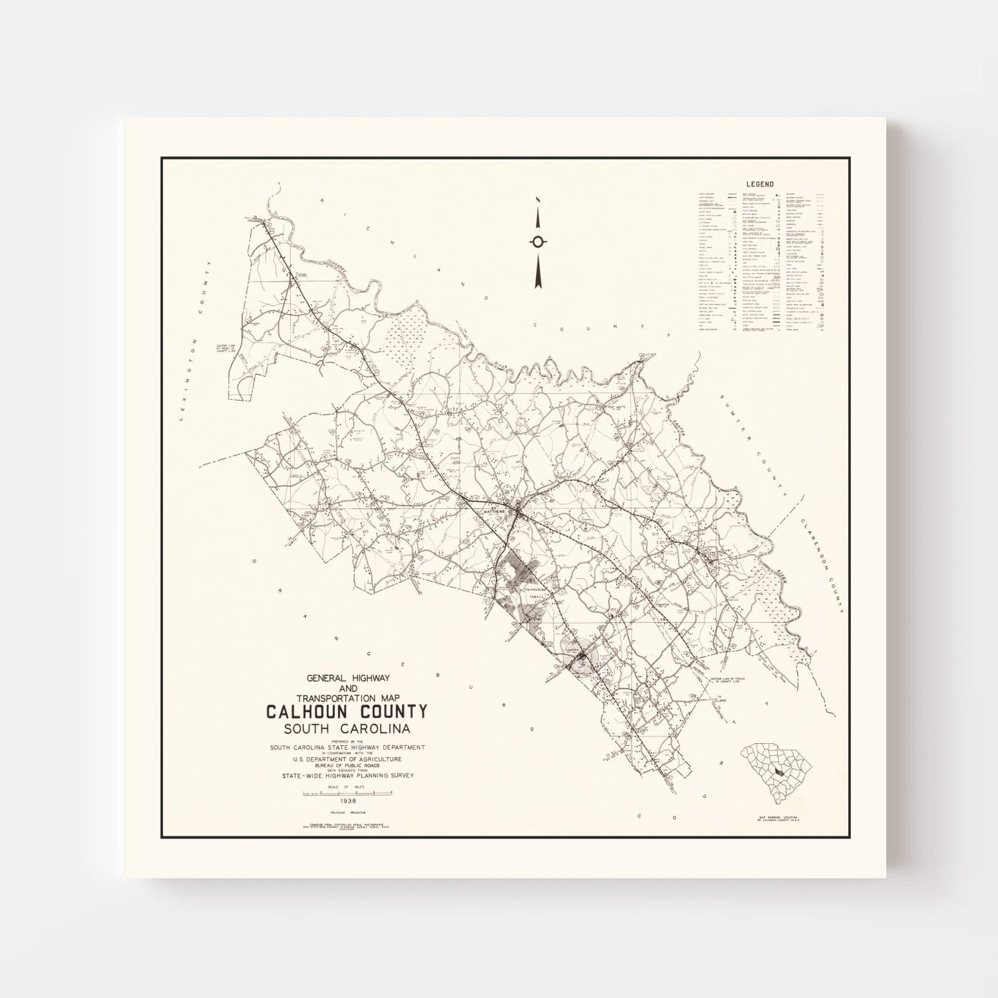Vintage Map of Calhoun County, South Carolina, 1938