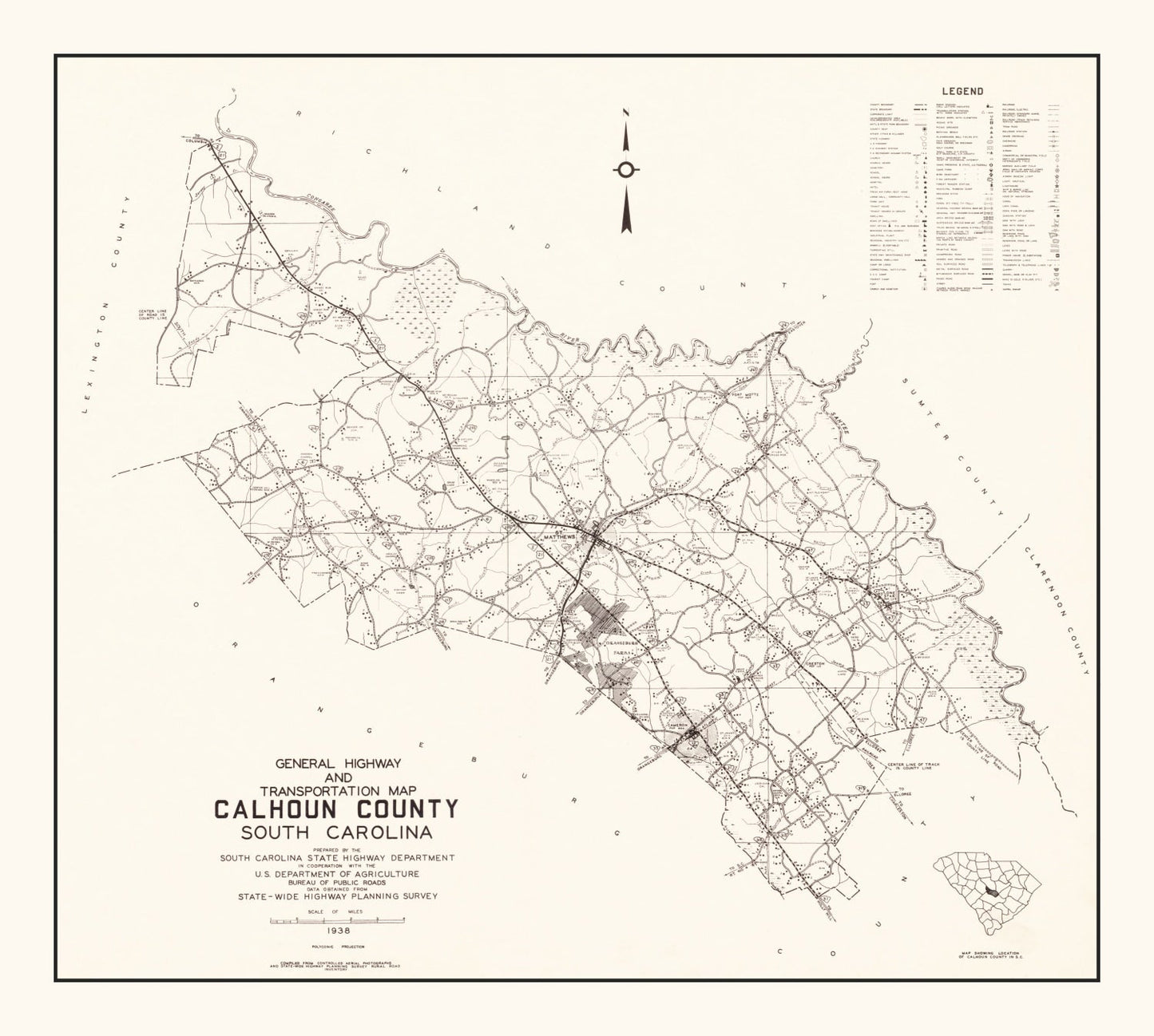 Vintage Map of Calhoun County, South Carolina, 1938