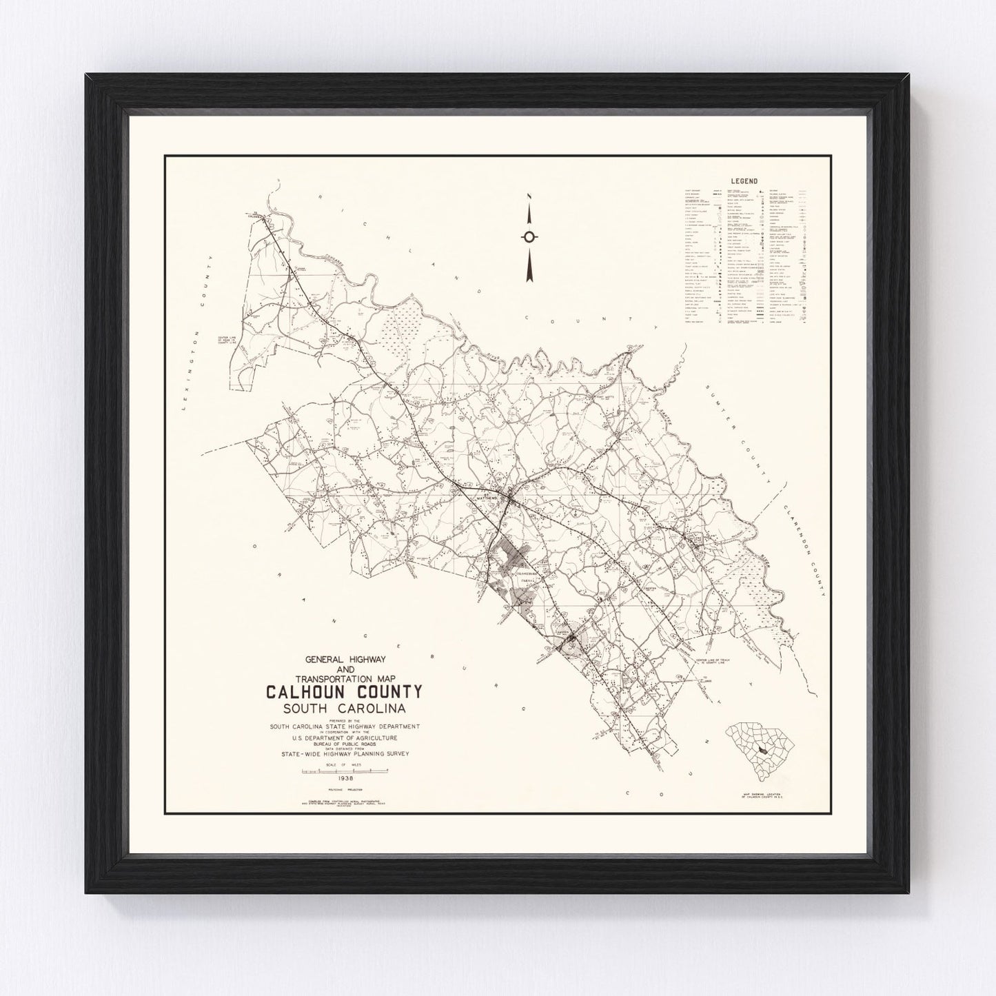 Vintage map of Calhoun County, South Carolina, 1938, restored print