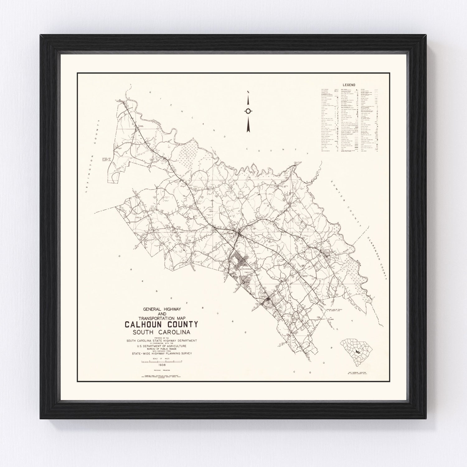 Vintage map of Calhoun County, South Carolina, 1938, restored print
