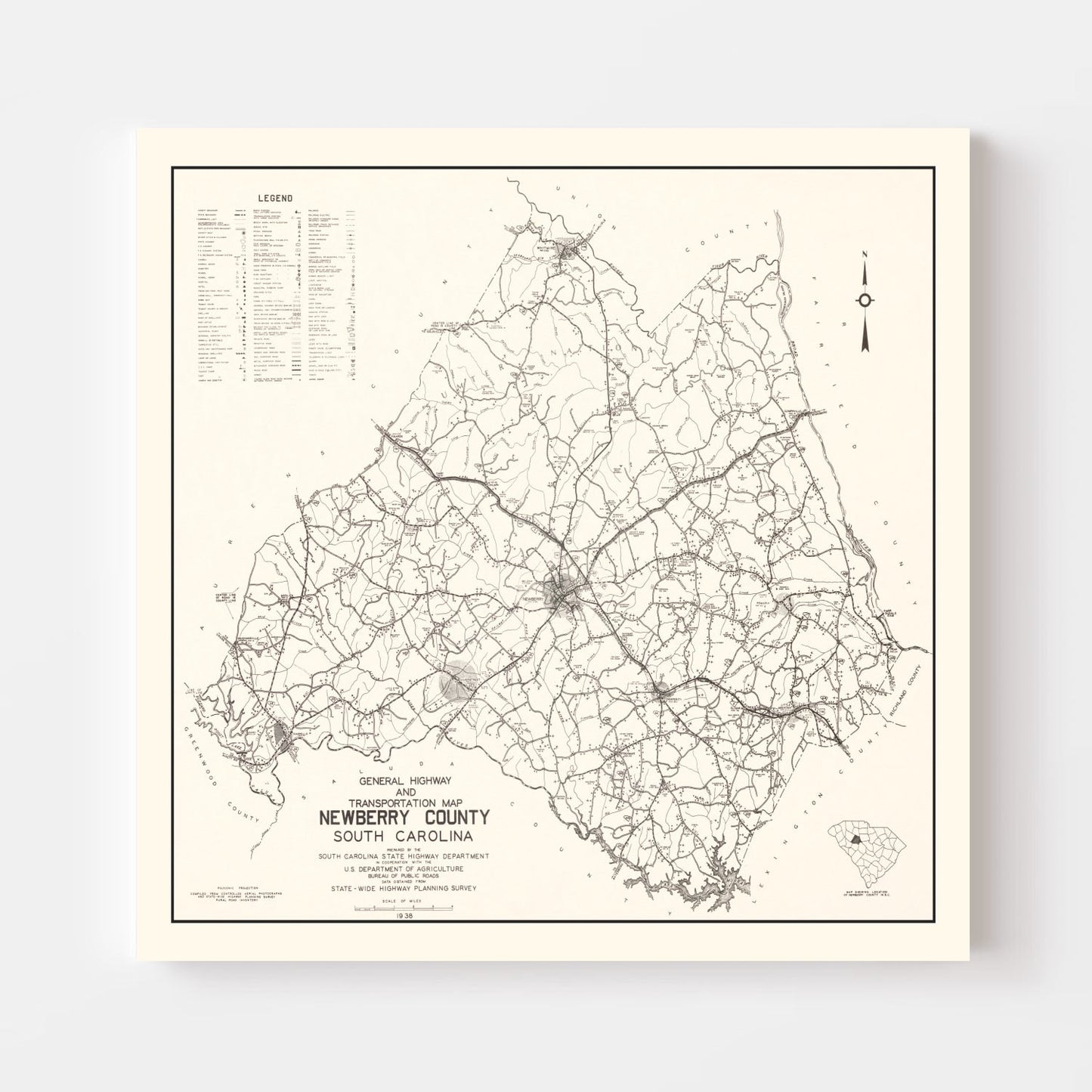 Vintage Map of Newberry County, South Carolina, 1938