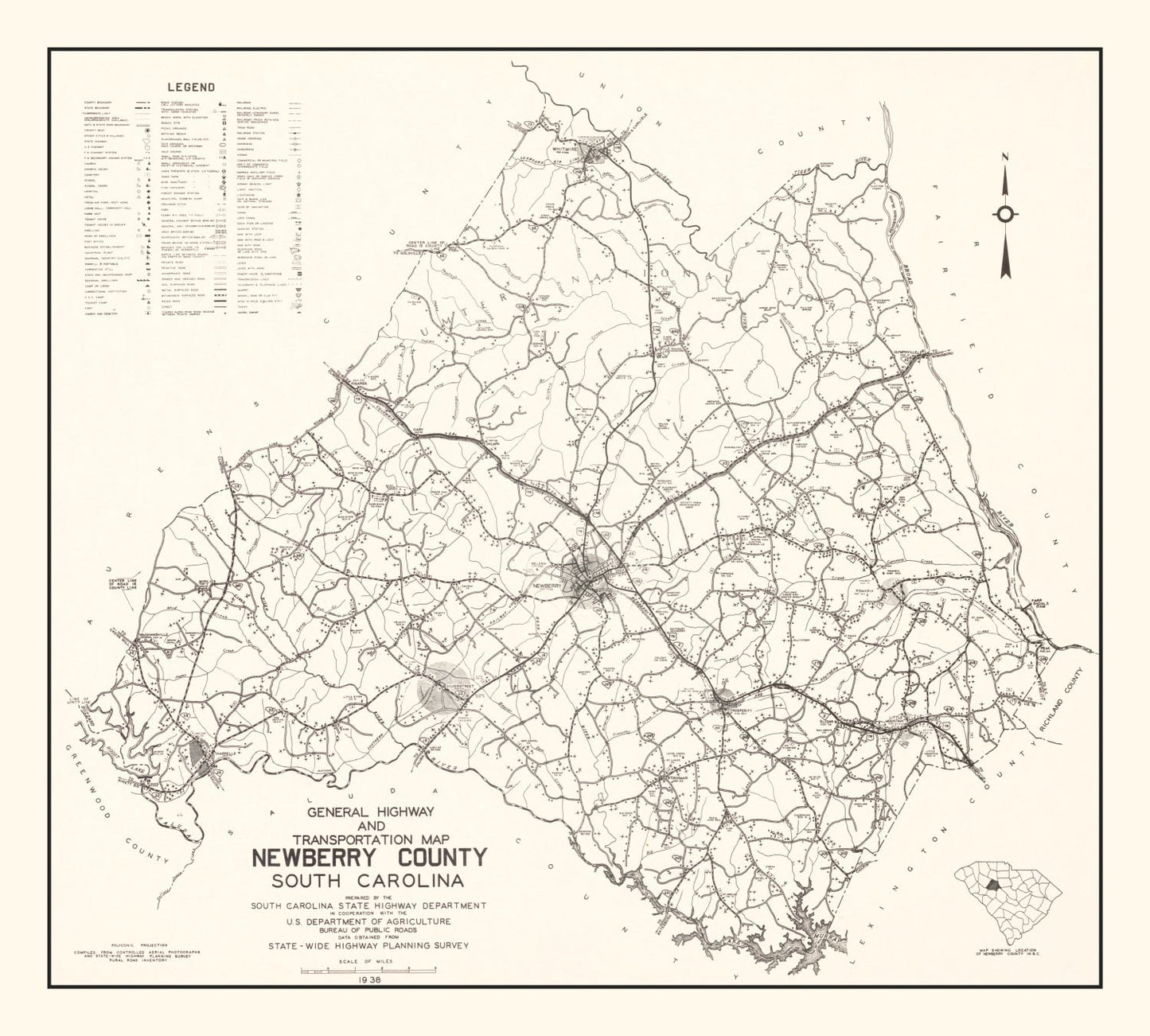 Vintage Map of Newberry County, South Carolina, 1938