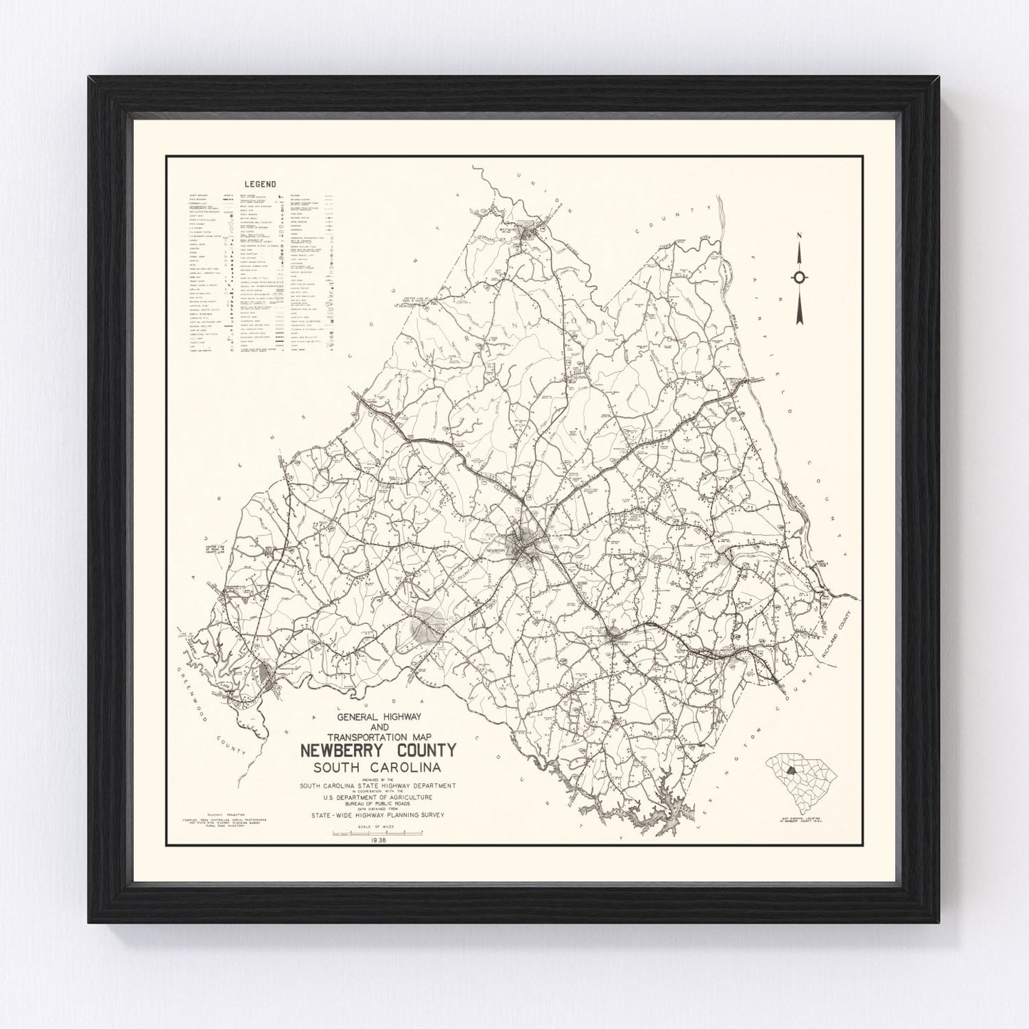 Vintage map of Newberry County, South Carolina, 1938