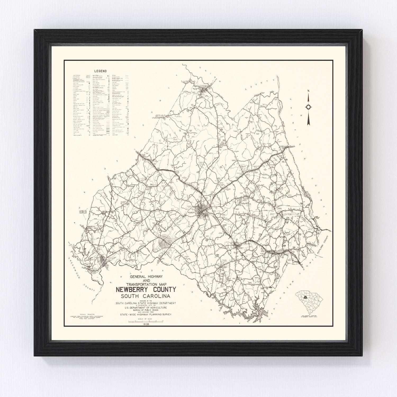 Vintage map of Newberry County, South Carolina, 1938