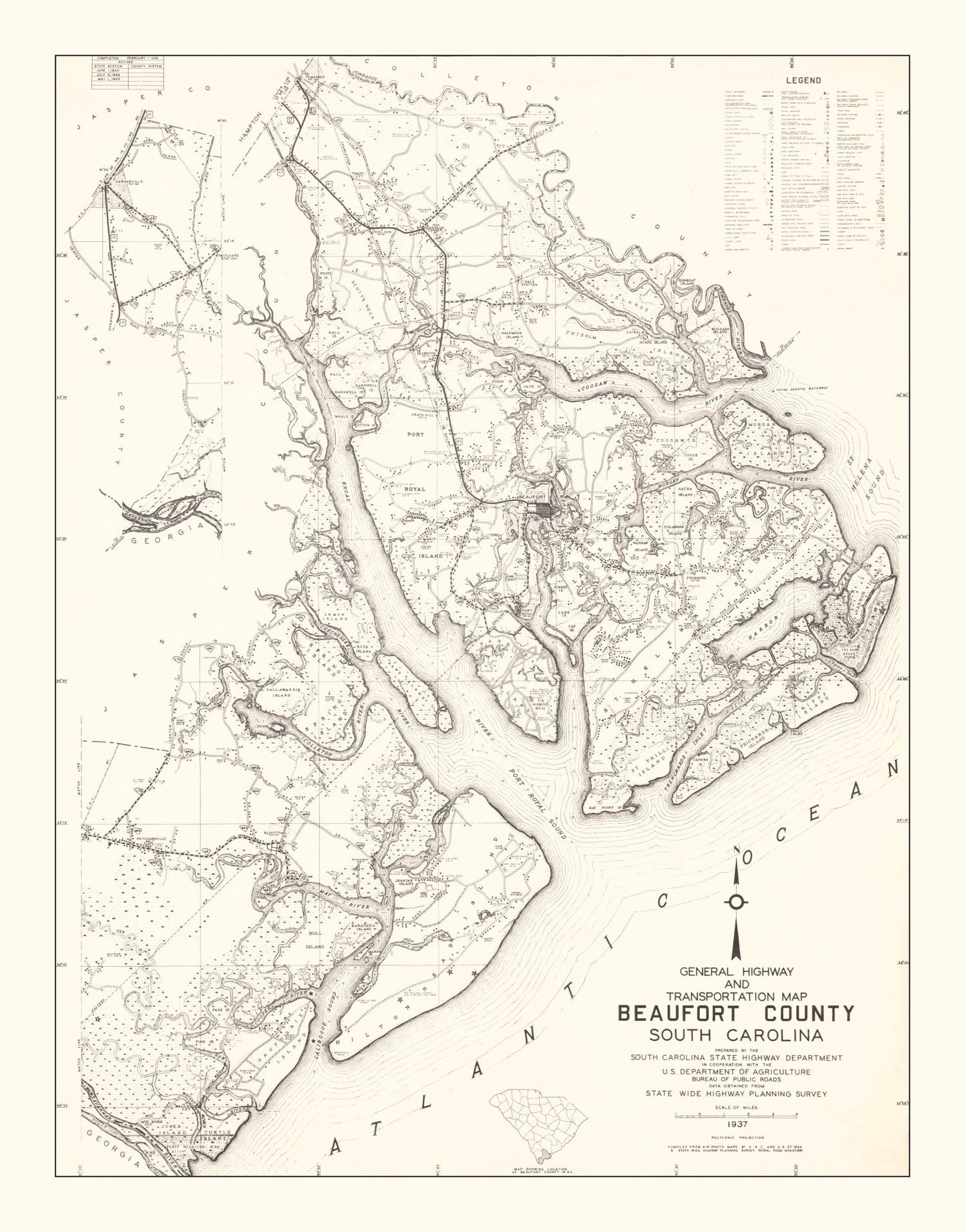 Vintage Map of Beaufort County, South Carolina, 1938