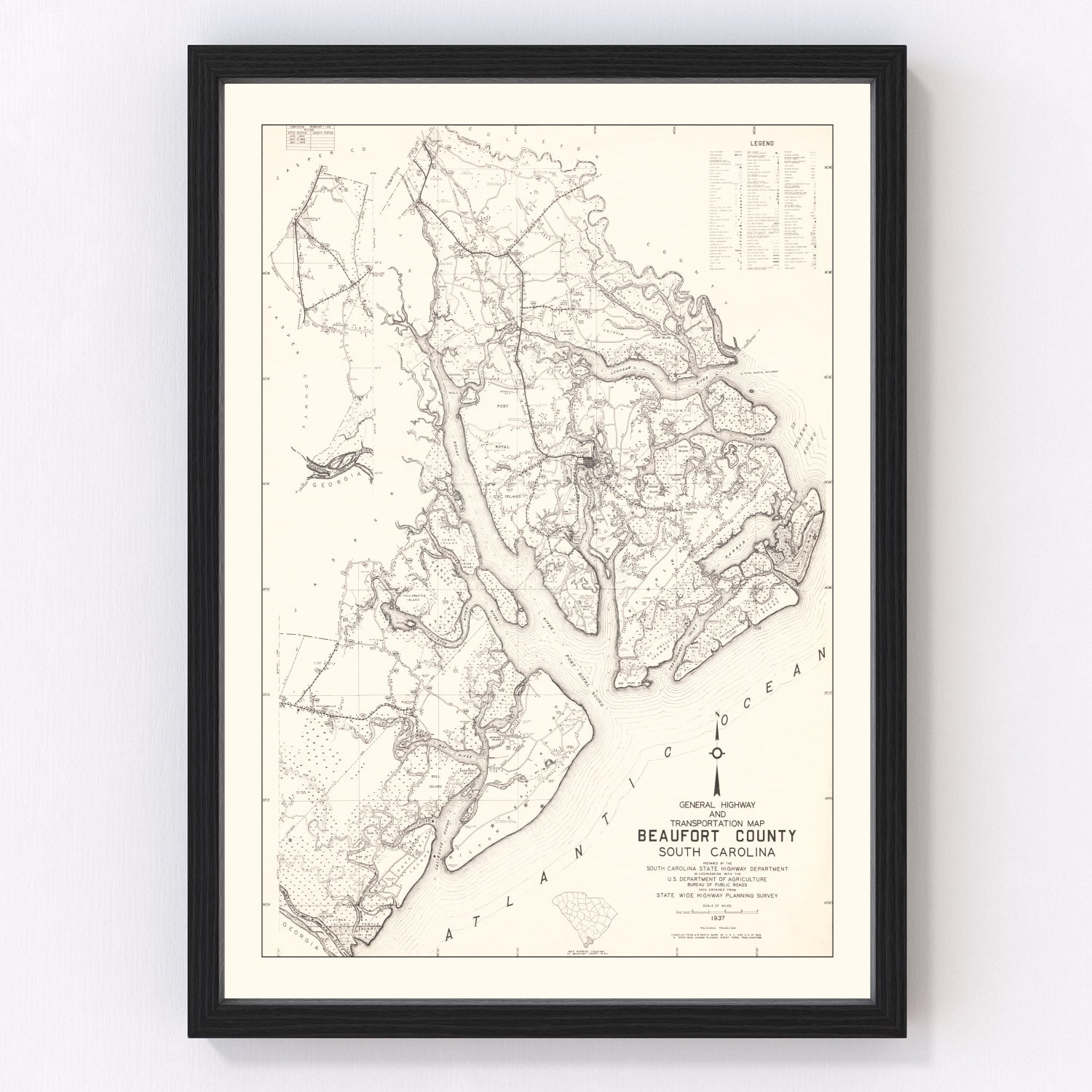 Vintage map of Beaufort County, South Carolina, 1938