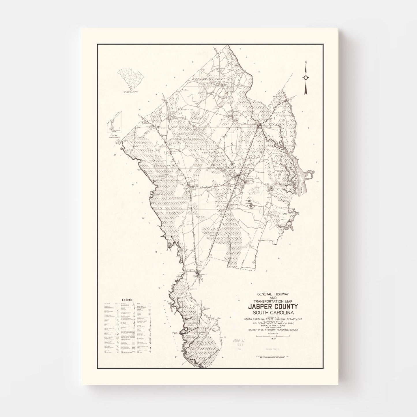 Vintage Map of Jasper County, South Carolina, 1938