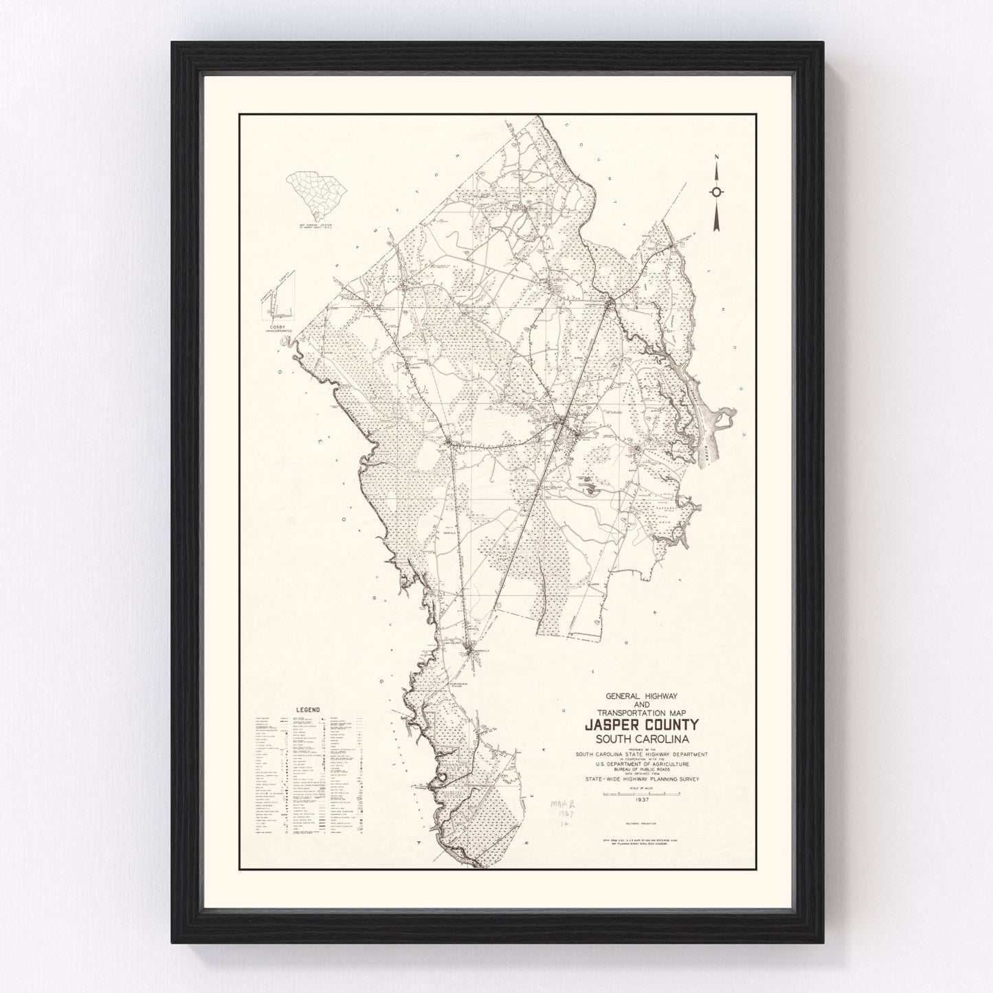 Vintage map of Jasper County, South Carolina, 1938