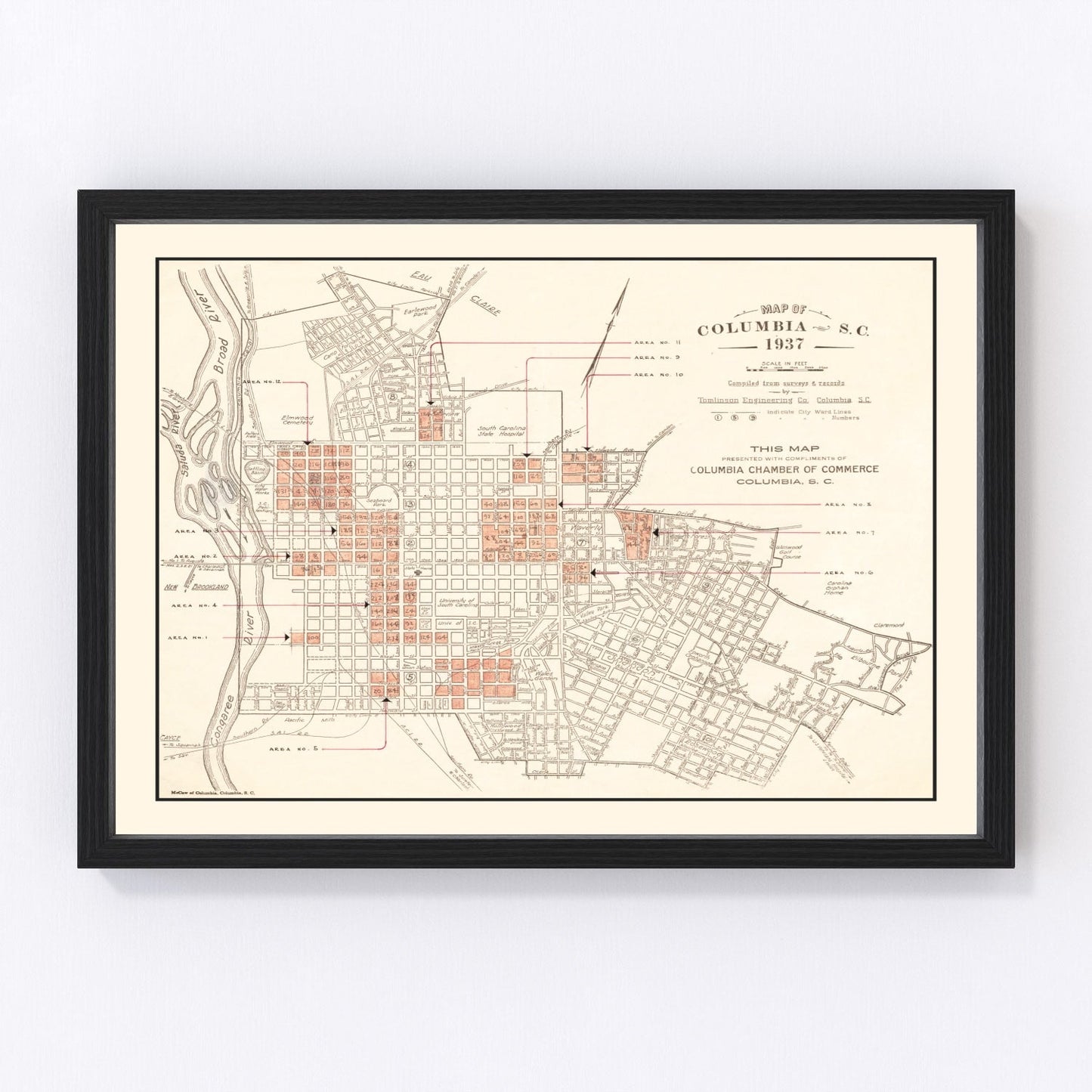 Vintage restored map of Columbia, South Carolina, 1937, Depression-era state capital