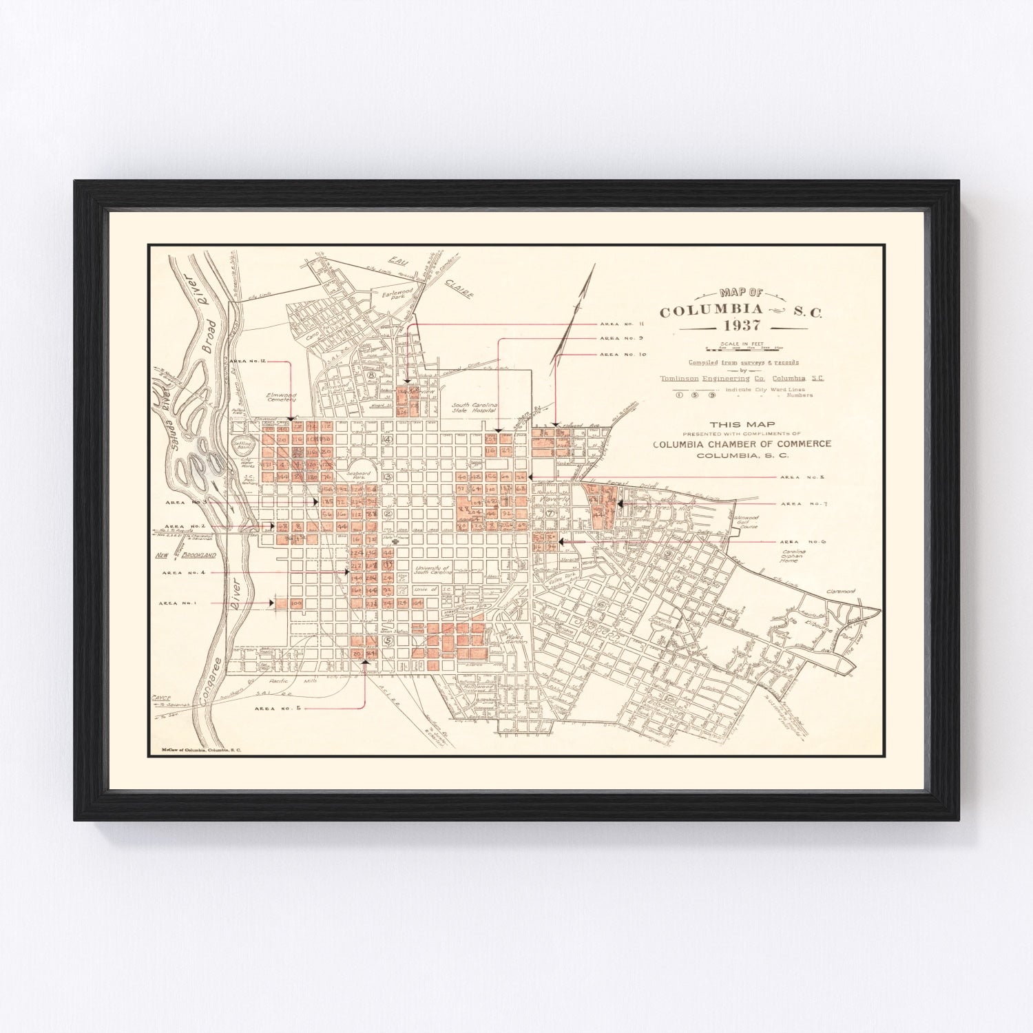 Vintage restored map of Columbia, South Carolina, 1937, Depression-era state capital