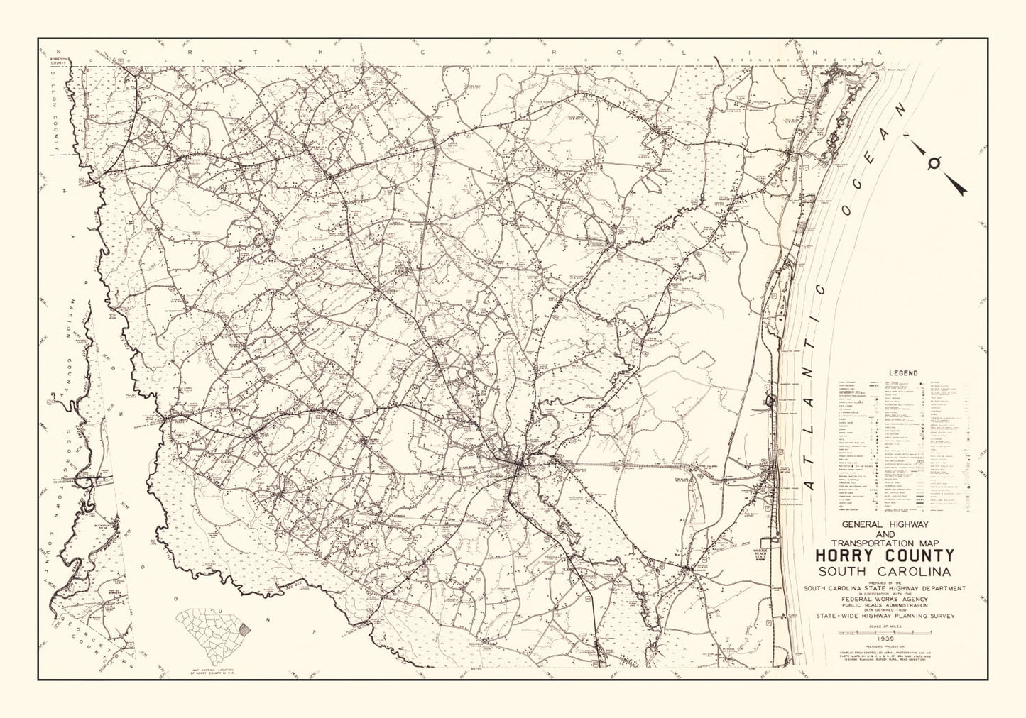 Vintage Map of Horry County, South Carolina, 1939