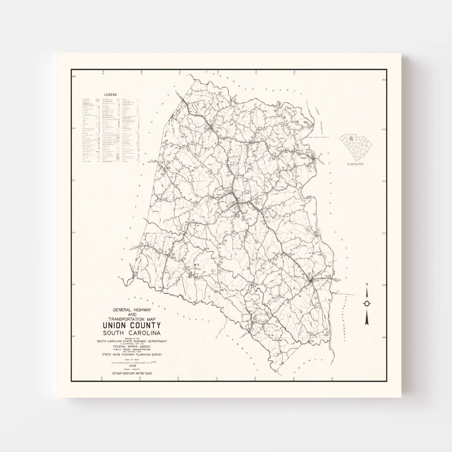 Vintage Map of Union County, South Carolina, 1939
