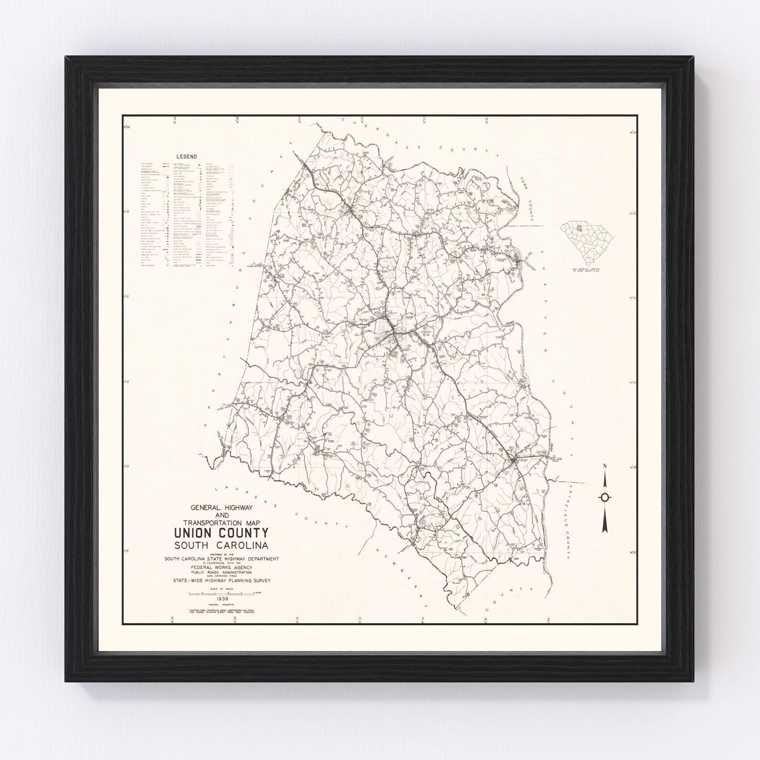 Vintage map of Union County, South Carolina, 1939