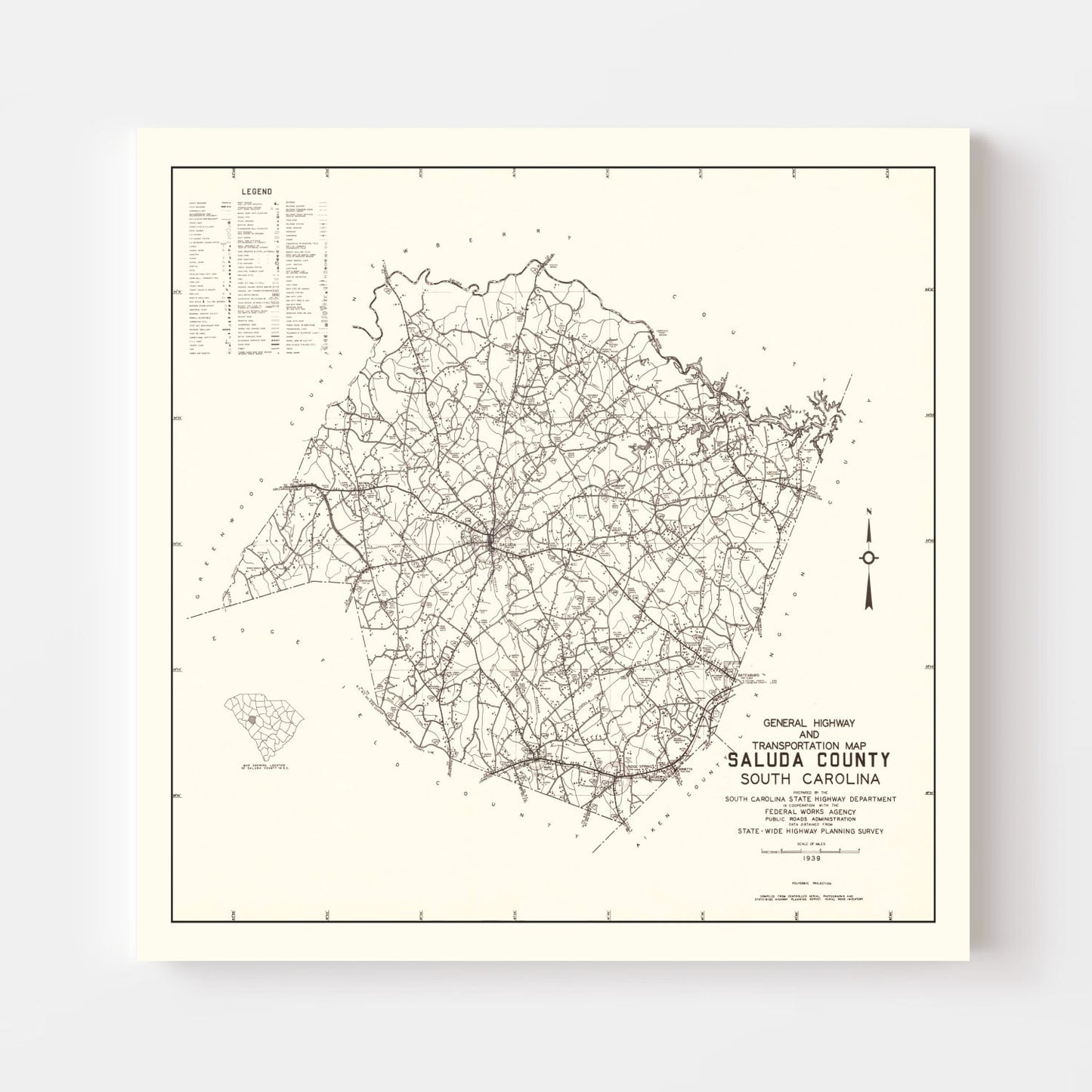 Vintage Map of Saluda County, South Carolina, 1939